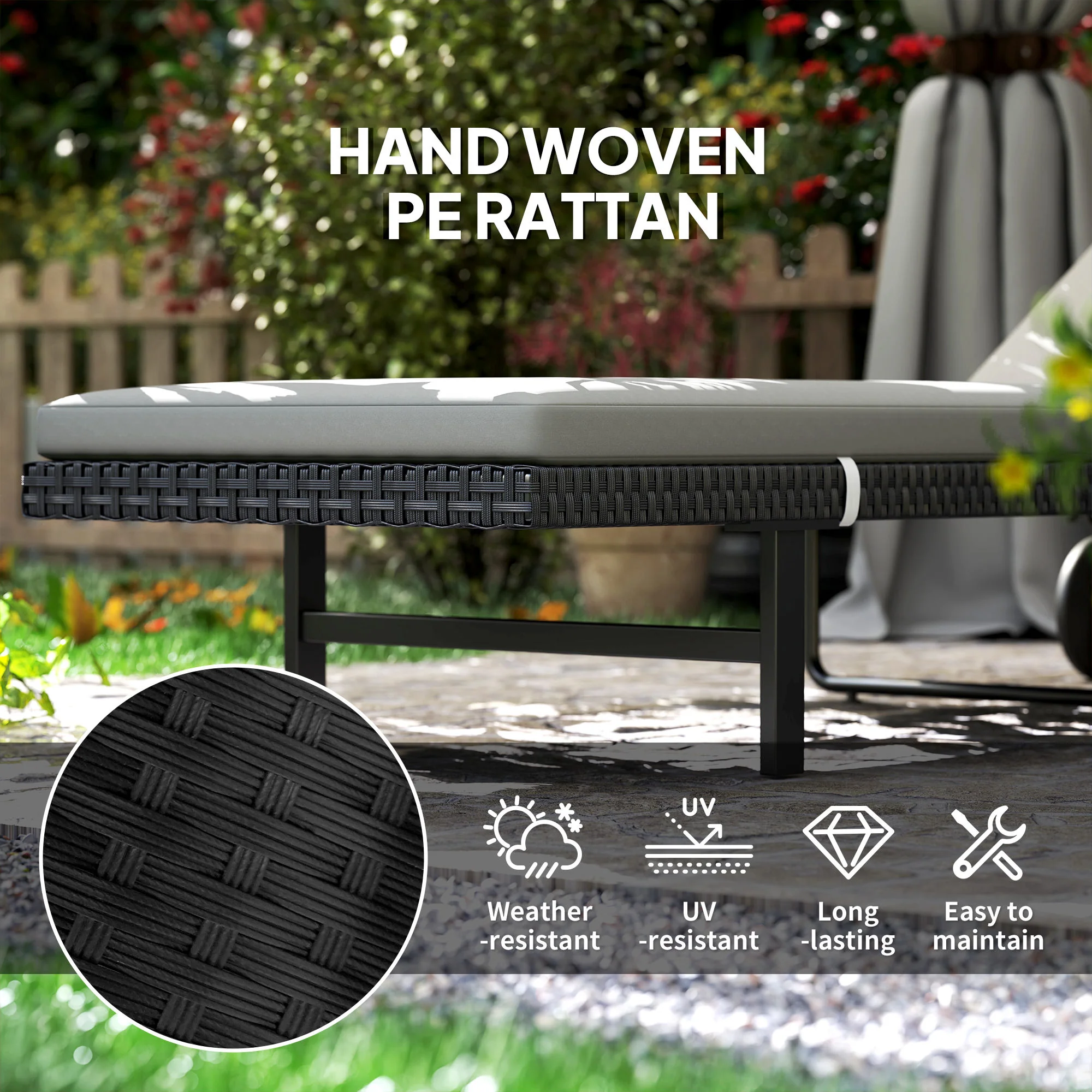 Outdoor Patio PE Rattan Tanning Chair w/ 5-Level Adjustable Back, Wheels & Cushion, Grey - Image 8