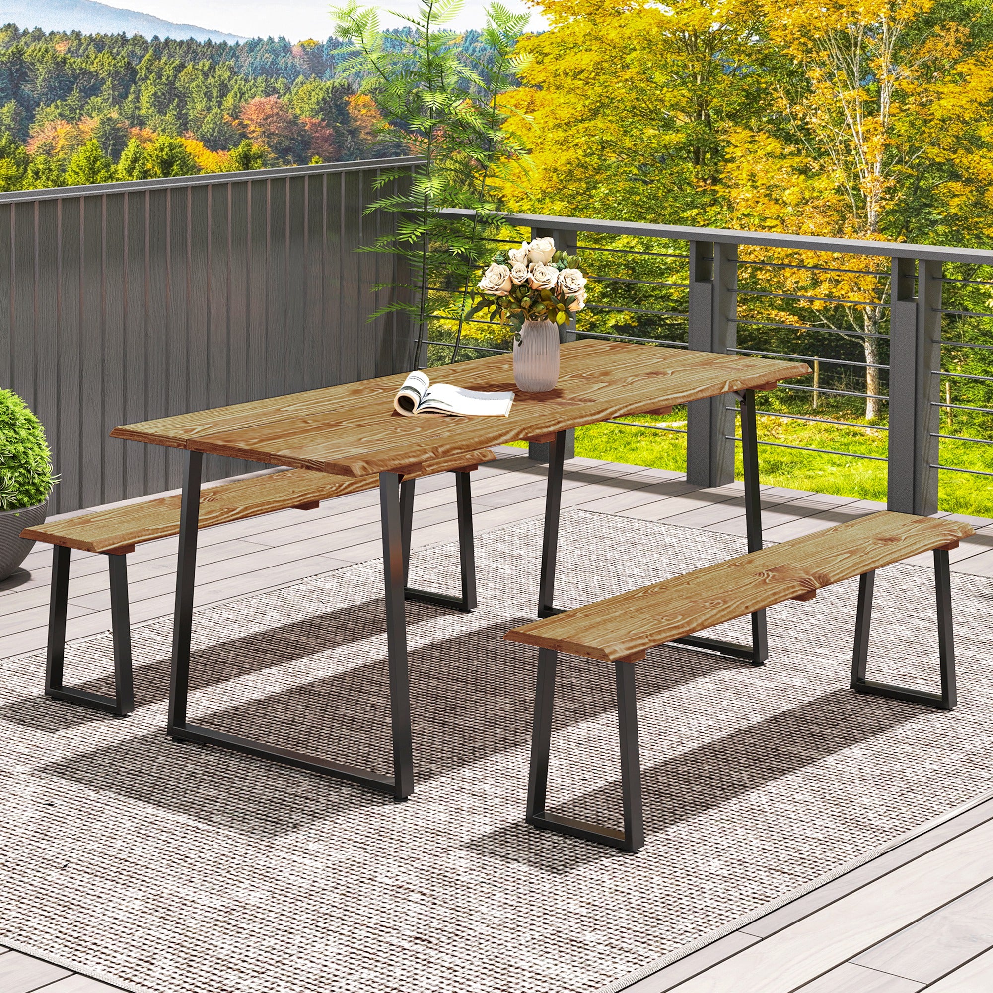 Picnic Table and Bench Set for 6 with 2" Umbrella Hole, Slatted Top & Steel Frame, Lawn - Image 10