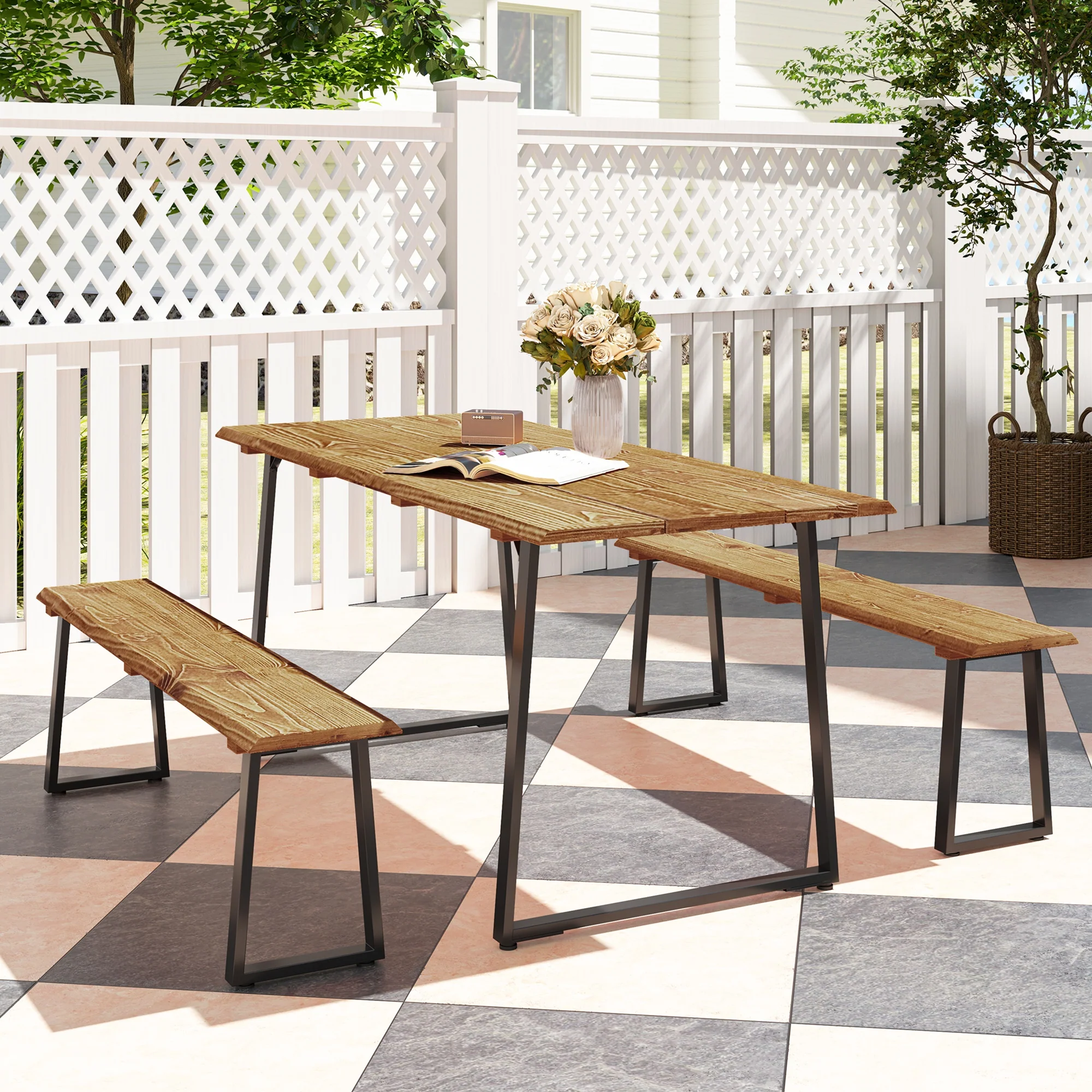 Picnic Table and Bench Set for 6 with 2" Umbrella Hole, Slatted Top & Steel Frame, Lawn - Image 11