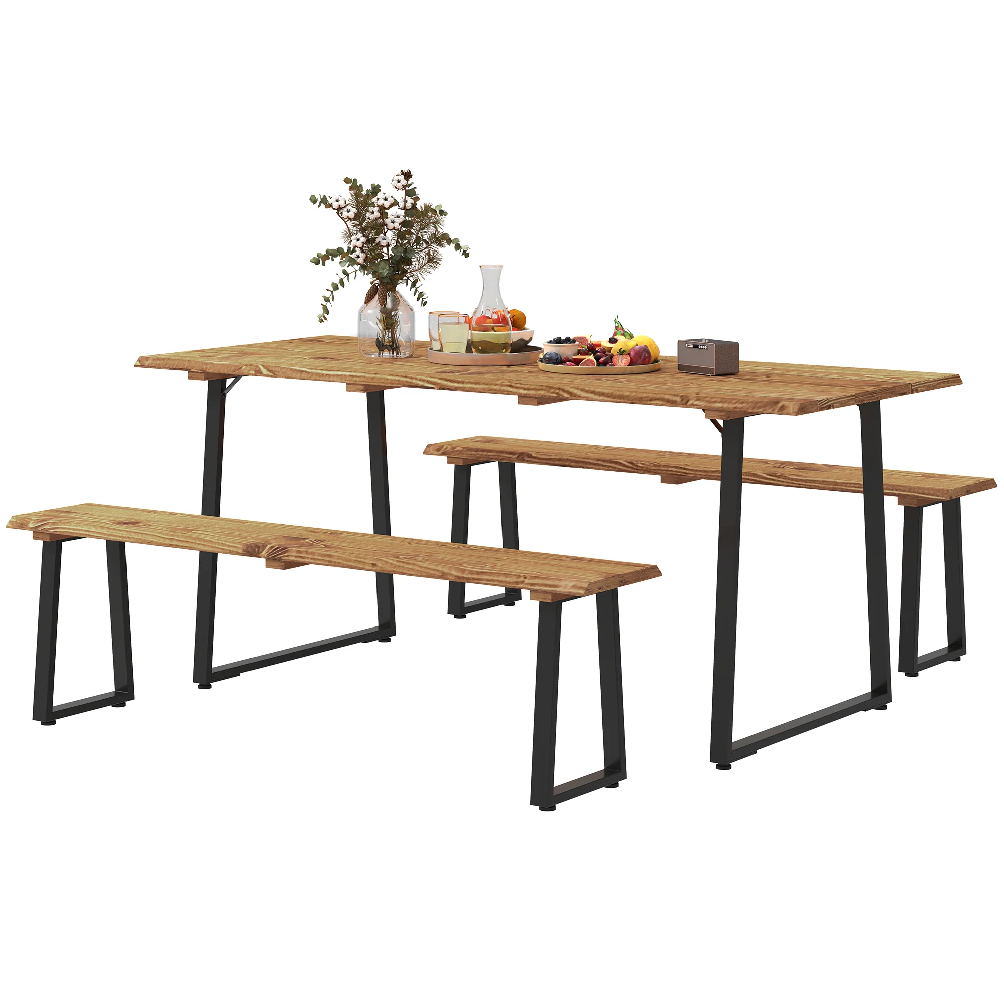 Picnic Table and Bench Set for 6 with 2" Umbrella Hole, Slatted Top & Steel Frame, Lawn - Image 2