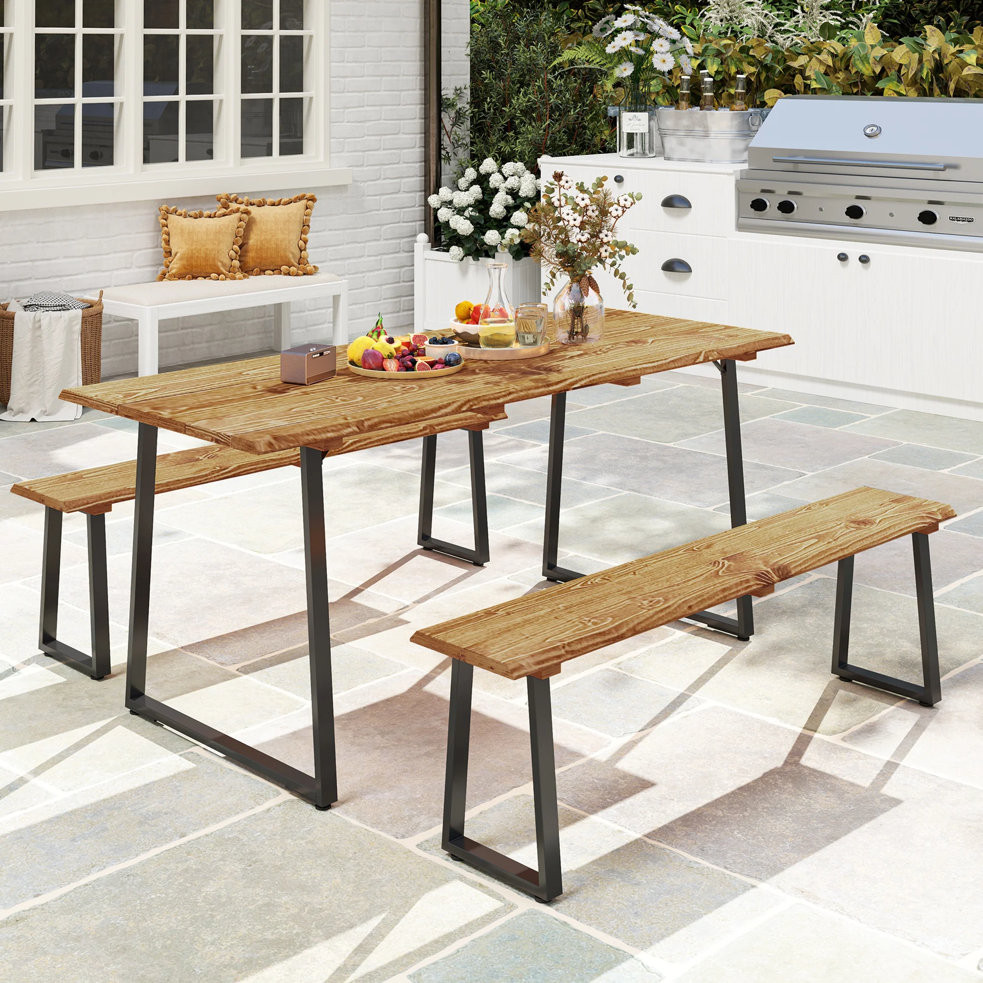 Picnic Table and Bench Set for 6 with 2" Umbrella Hole, Slatted Top & Steel Frame, Lawn - Image 3