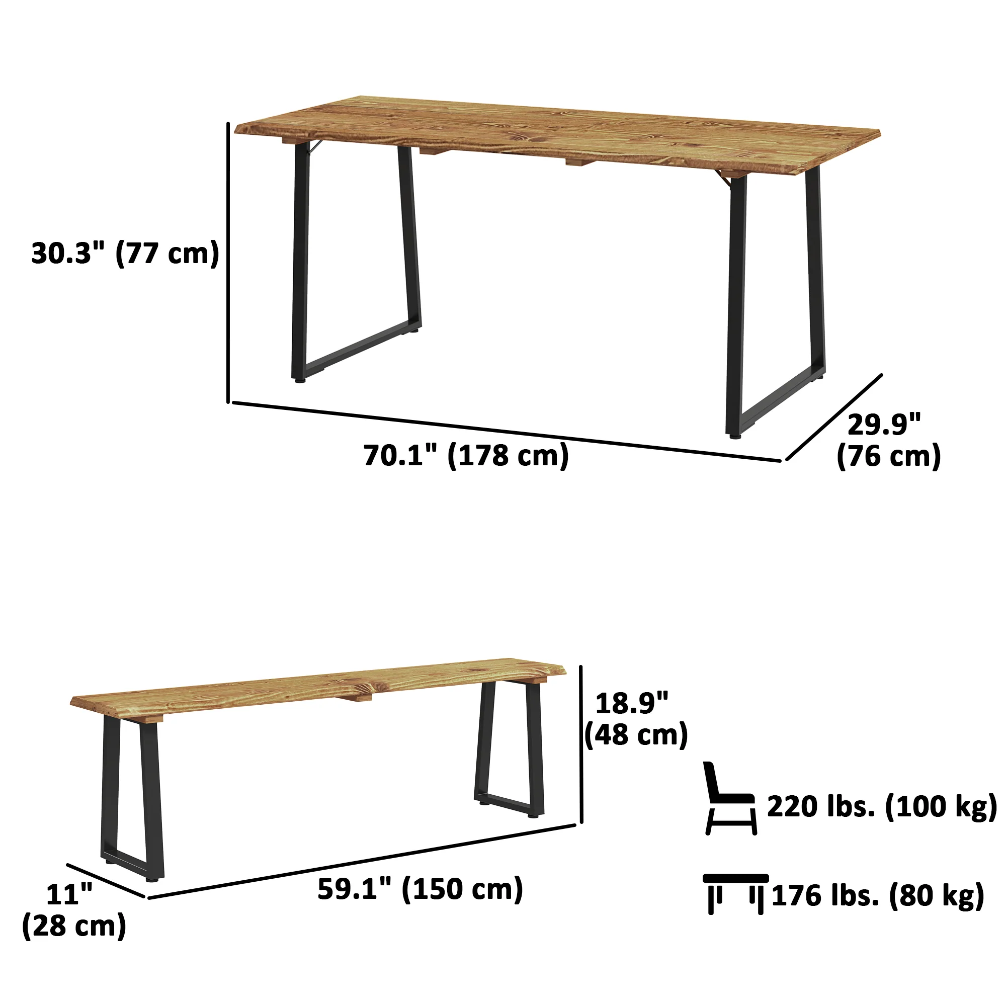 Picnic Table and Bench Set for 6 with 2" Umbrella Hole, Slatted Top & Steel Frame, Lawn - Image 5