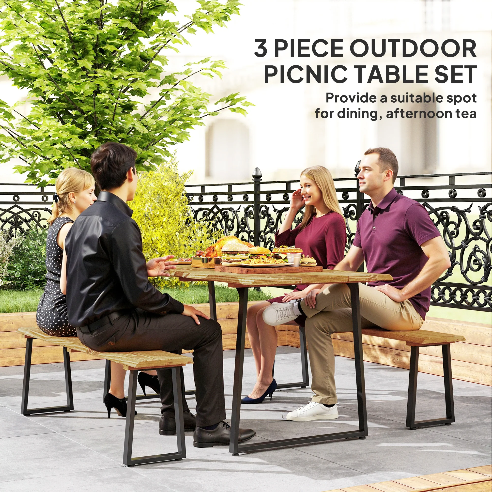 Picnic Table and Bench Set for 6 with 2" Umbrella Hole, Slatted Top & Steel Frame, Lawn - Image 6