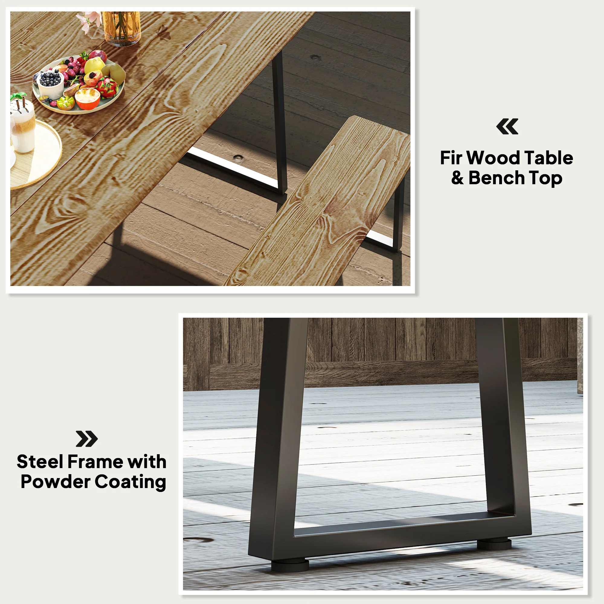 Picnic Table and Bench Set for 6 with 2" Umbrella Hole, Slatted Top & Steel Frame, Lawn - Image 7