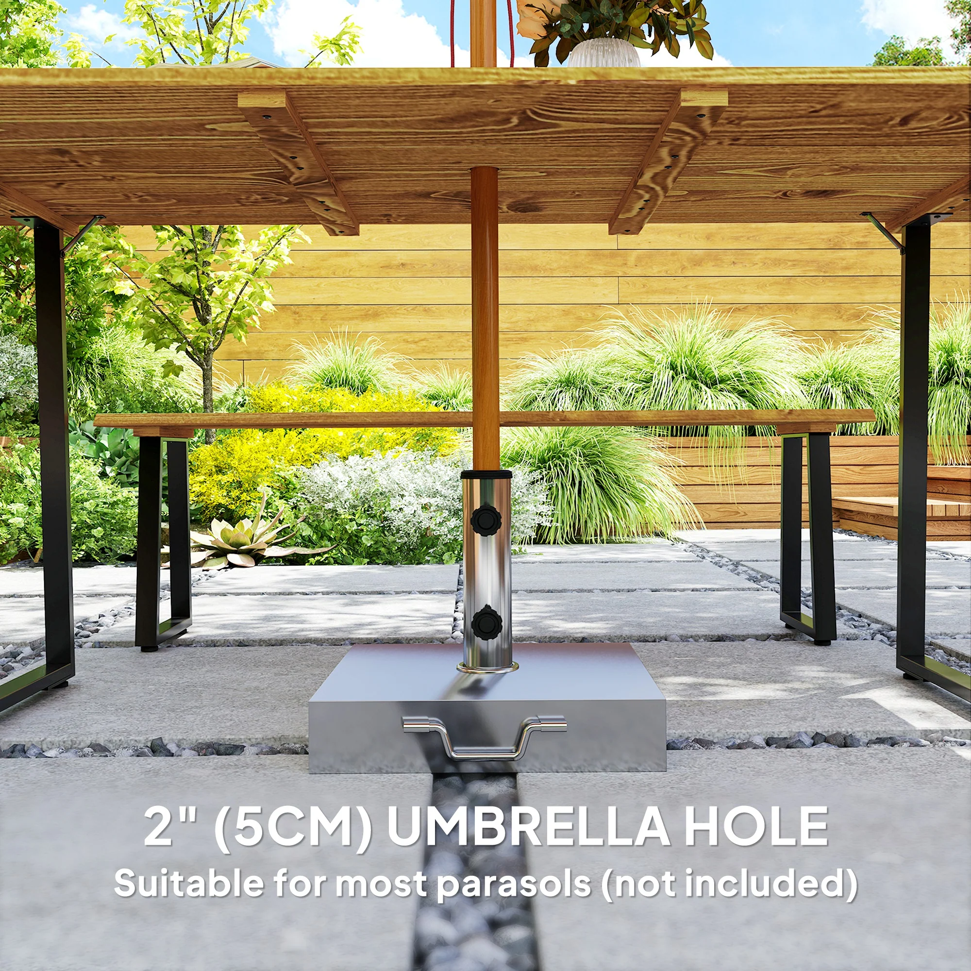 Picnic Table and Bench Set for 6 with 2" Umbrella Hole, Slatted Top & Steel Frame, Lawn - Image 8
