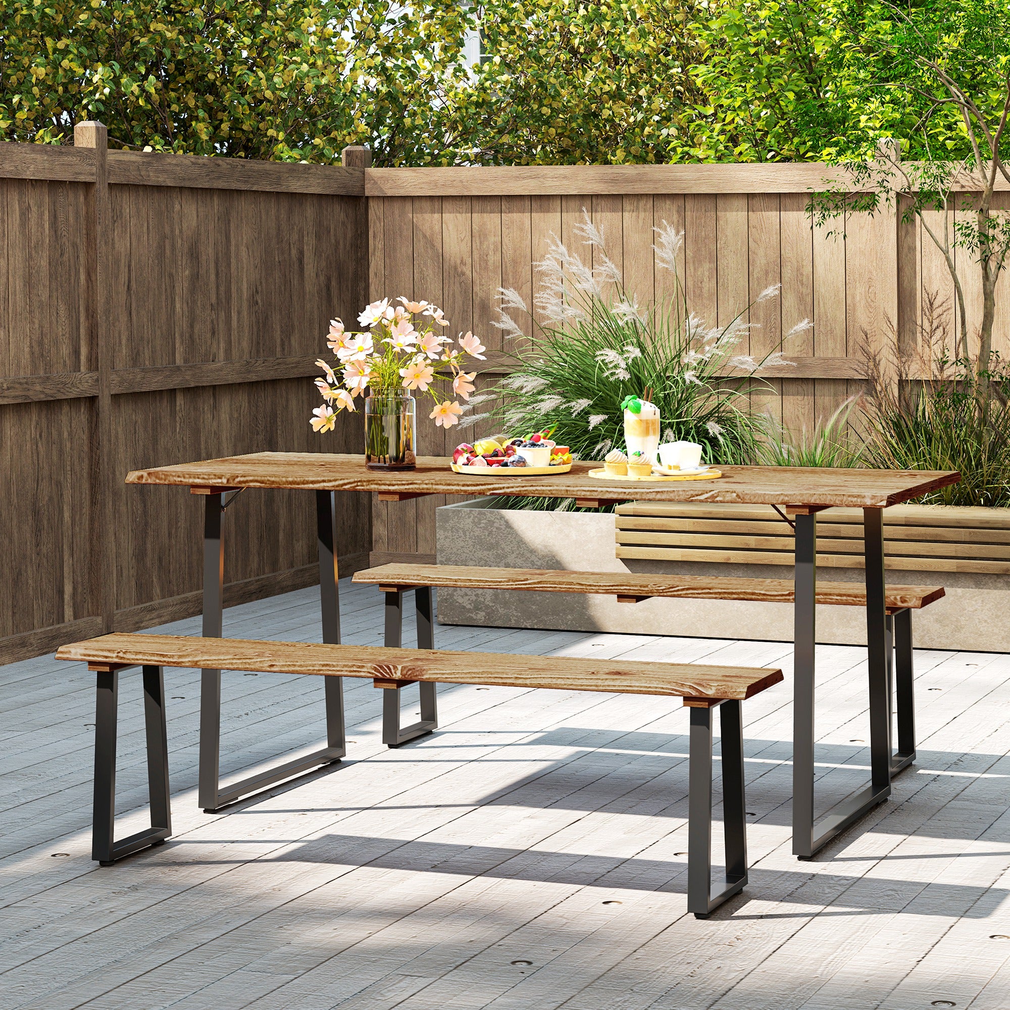 Picnic Table and Bench Set for 6 with 2" Umbrella Hole, Slatted Top & Steel Frame, Lawn - Image 9