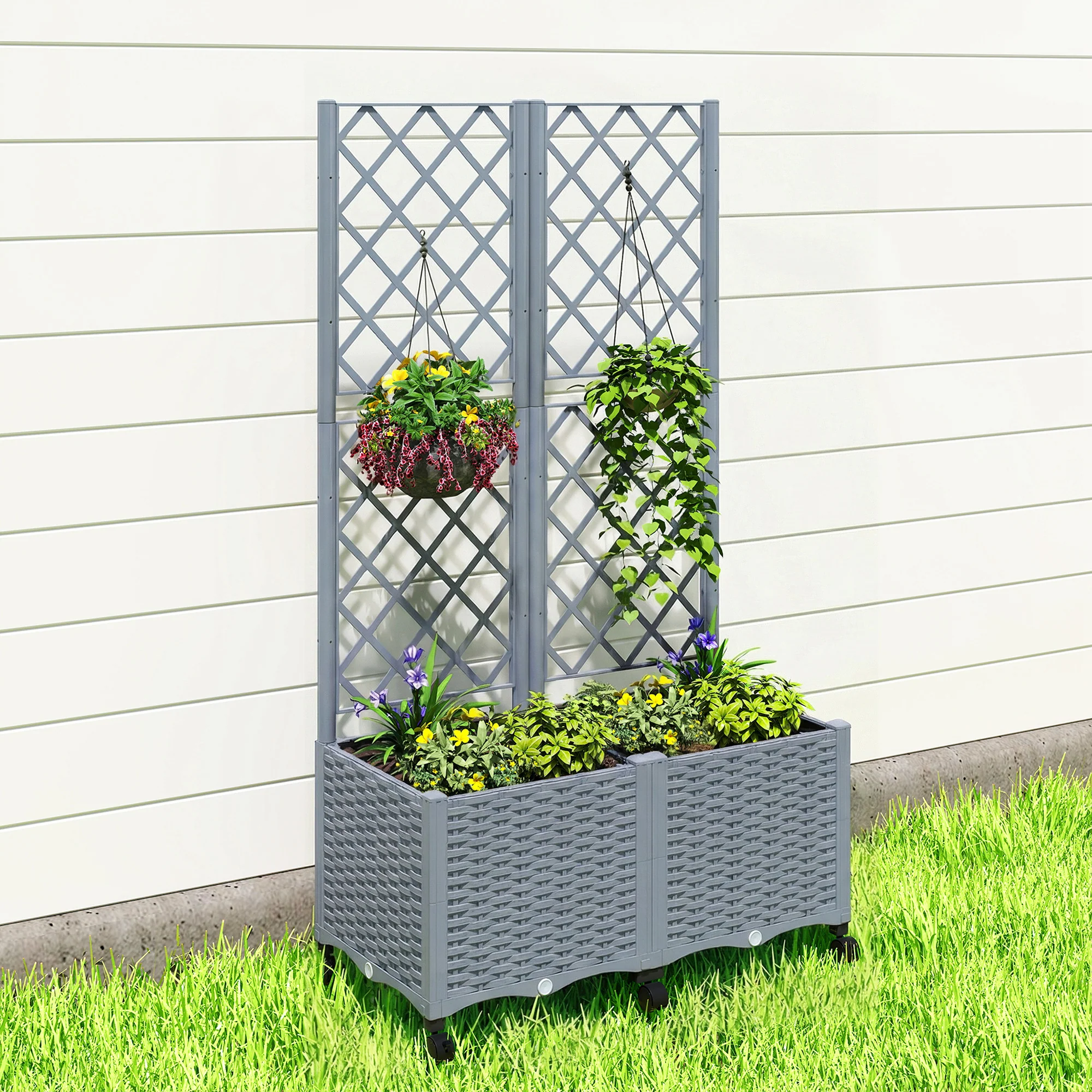 56.3" Self-Watering Planter Box with Trellis and Wheels, Gray - Image 11