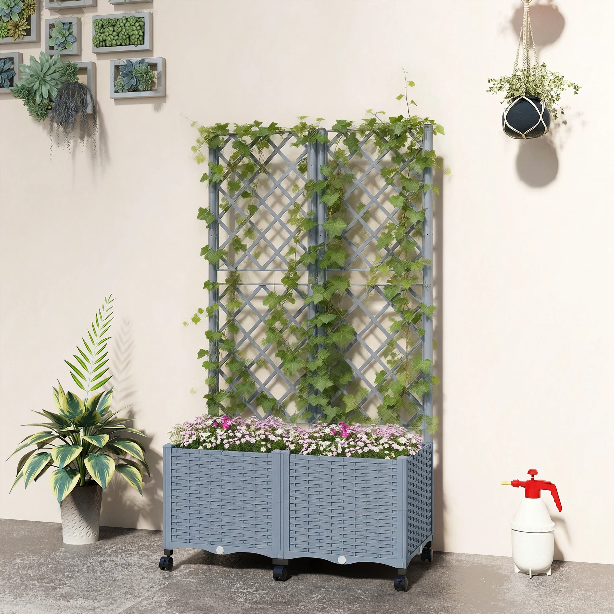 56.3" Self-Watering Planter Box with Trellis and Wheels, Gray - Image 4