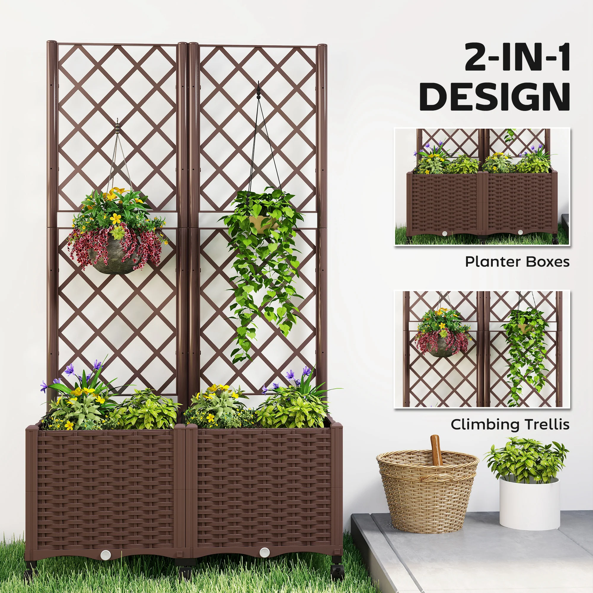 56.3" Self-Watering Planter Box with Trellis and Wheels, Brown - Image 6