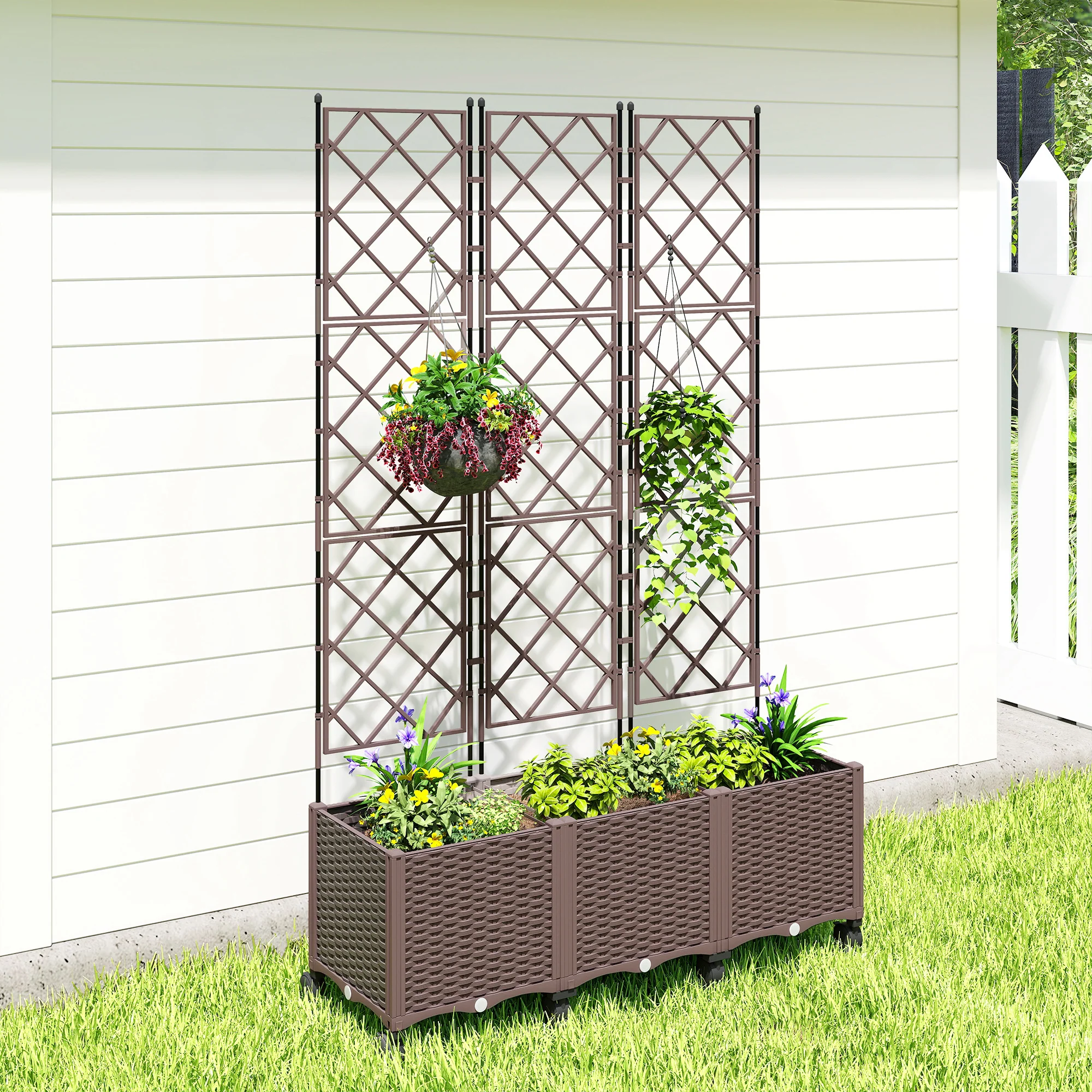 Self Watering Plastic Raised Planter with Trellis & Wheels - Image 11