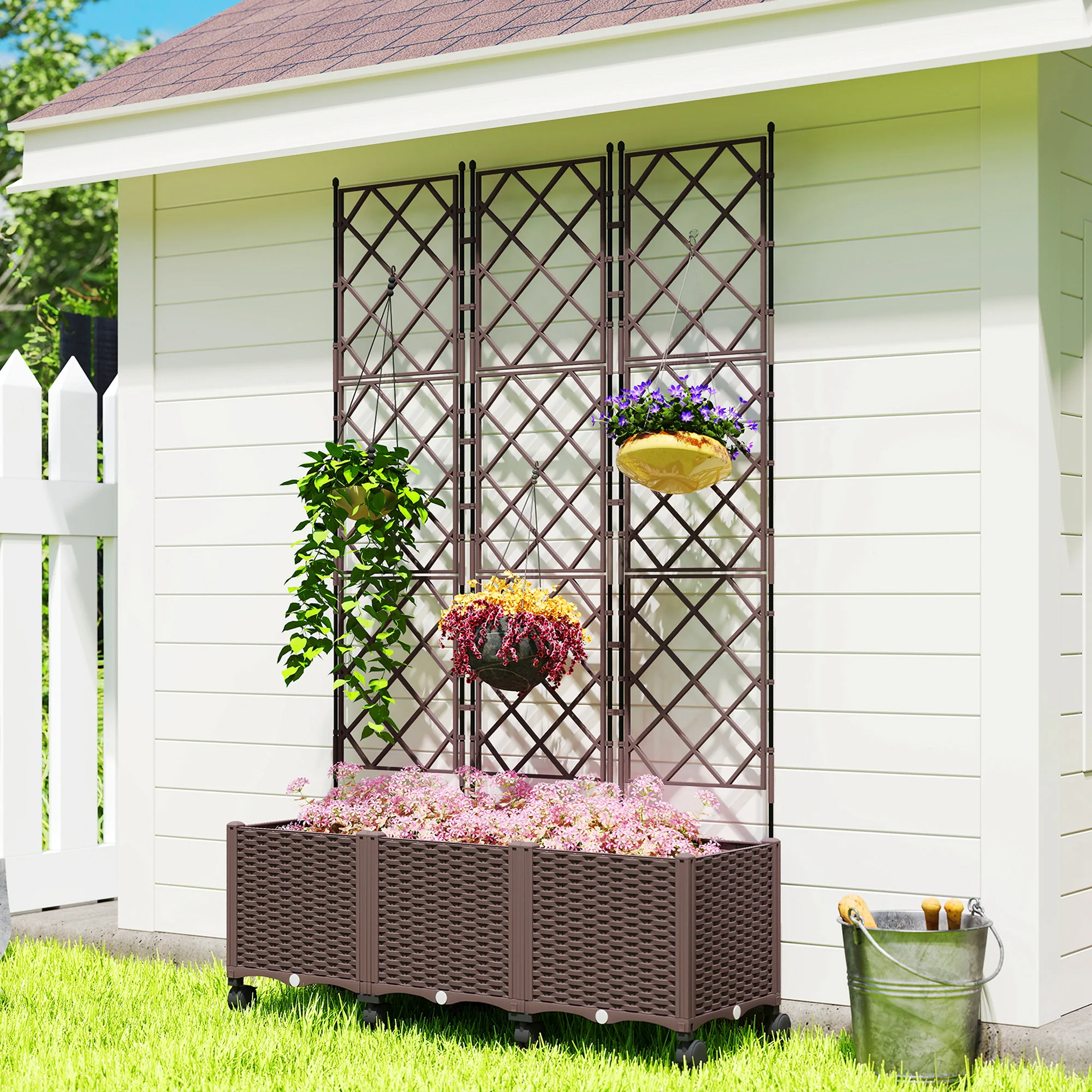Self Watering Plastic Raised Planter with Trellis & Wheels - Image 4