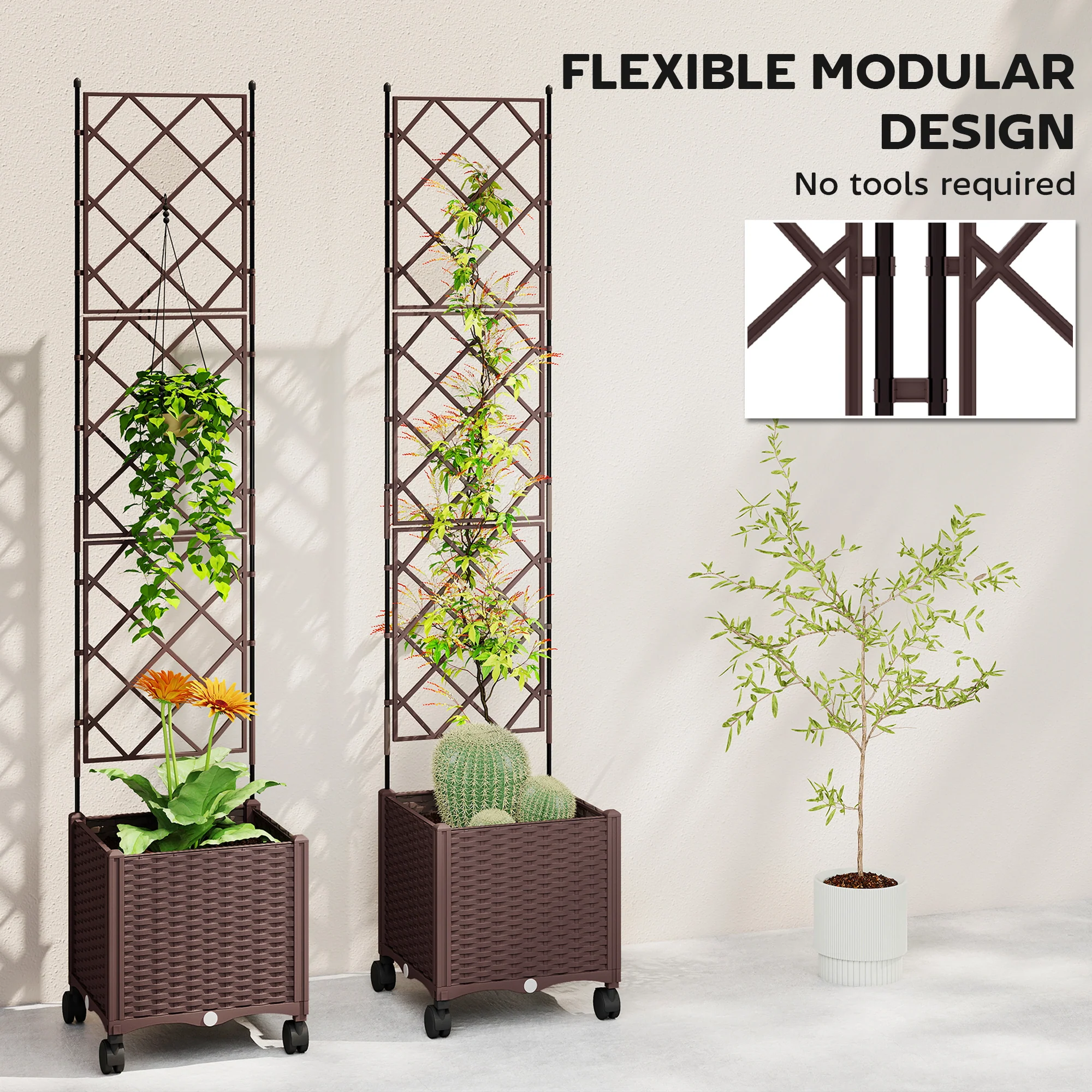 Self Watering Plastic Raised Planter with Trellis & Wheels - Image 9
