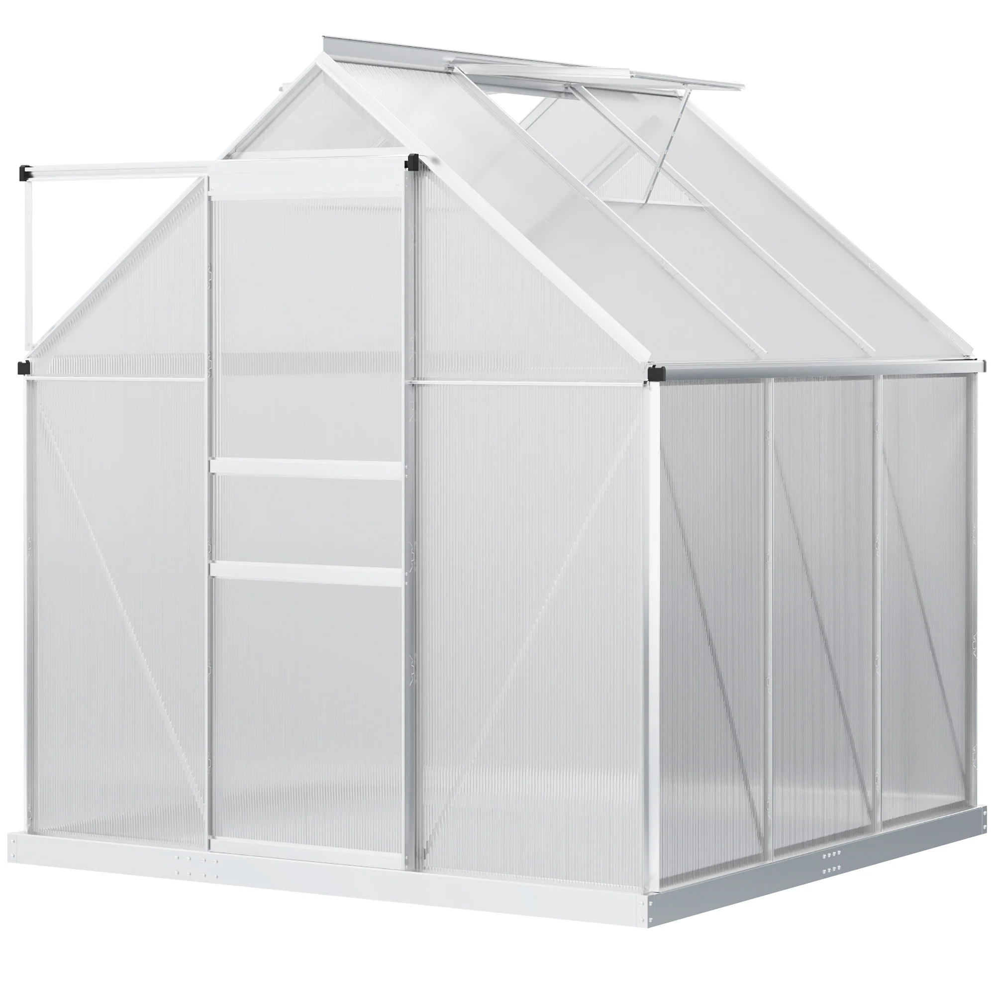 Polycarbonate Greenhouse with Adjustable Roof Vent & Sliding Door, 190x190x200 cm, Silver Tone