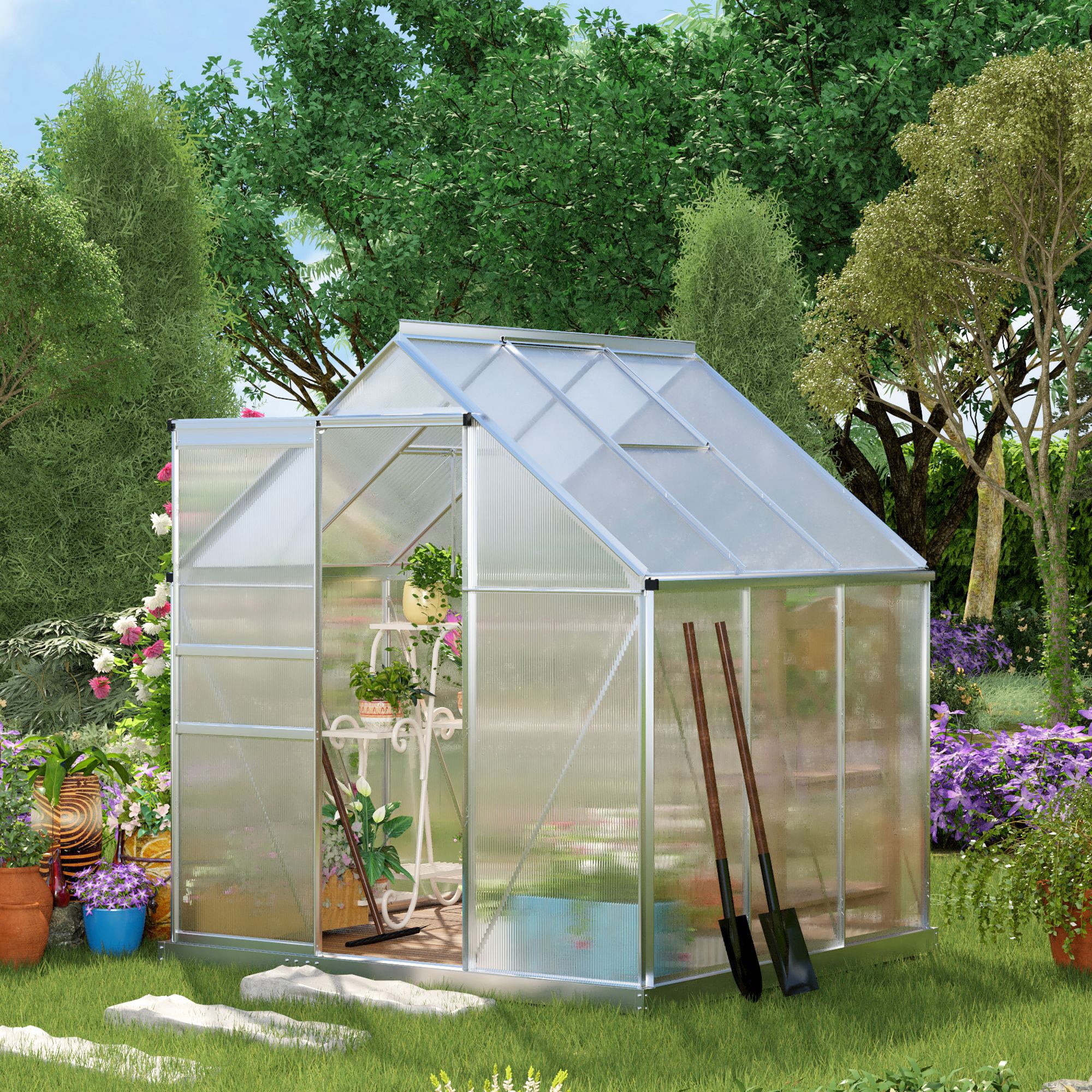Polycarbonate Greenhouse with Adjustable Roof Vent & Sliding Door, 190x190x200 cm, Silver Tone - Image 3