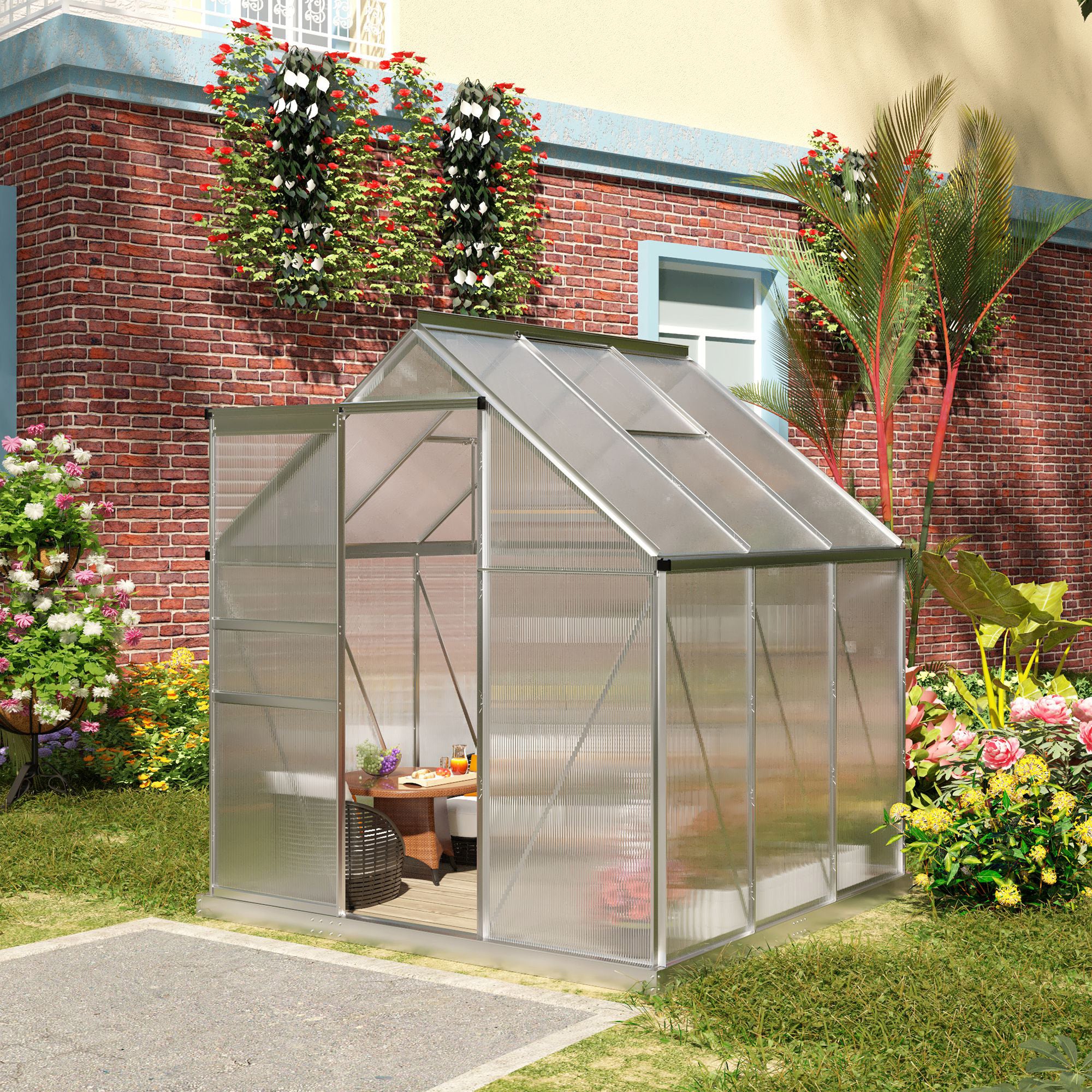 Polycarbonate Greenhouse with Adjustable Roof Vent & Sliding Door, 190x190x200 cm, Silver Tone - Image 4