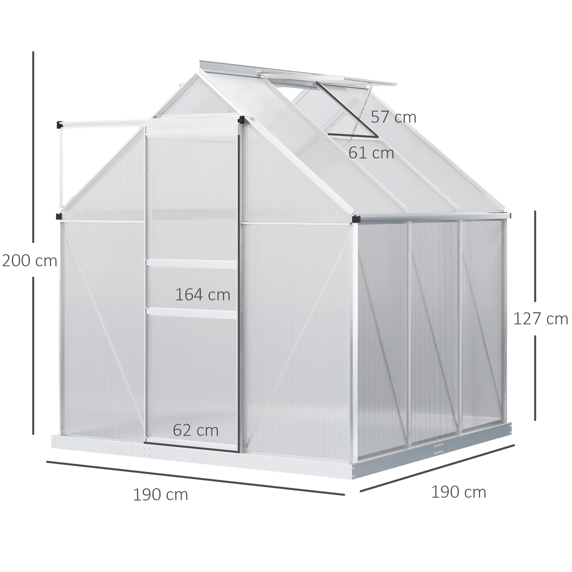 Polycarbonate Greenhouse with Adjustable Roof Vent & Sliding Door, 190x190x200 cm, Silver Tone - Image 5