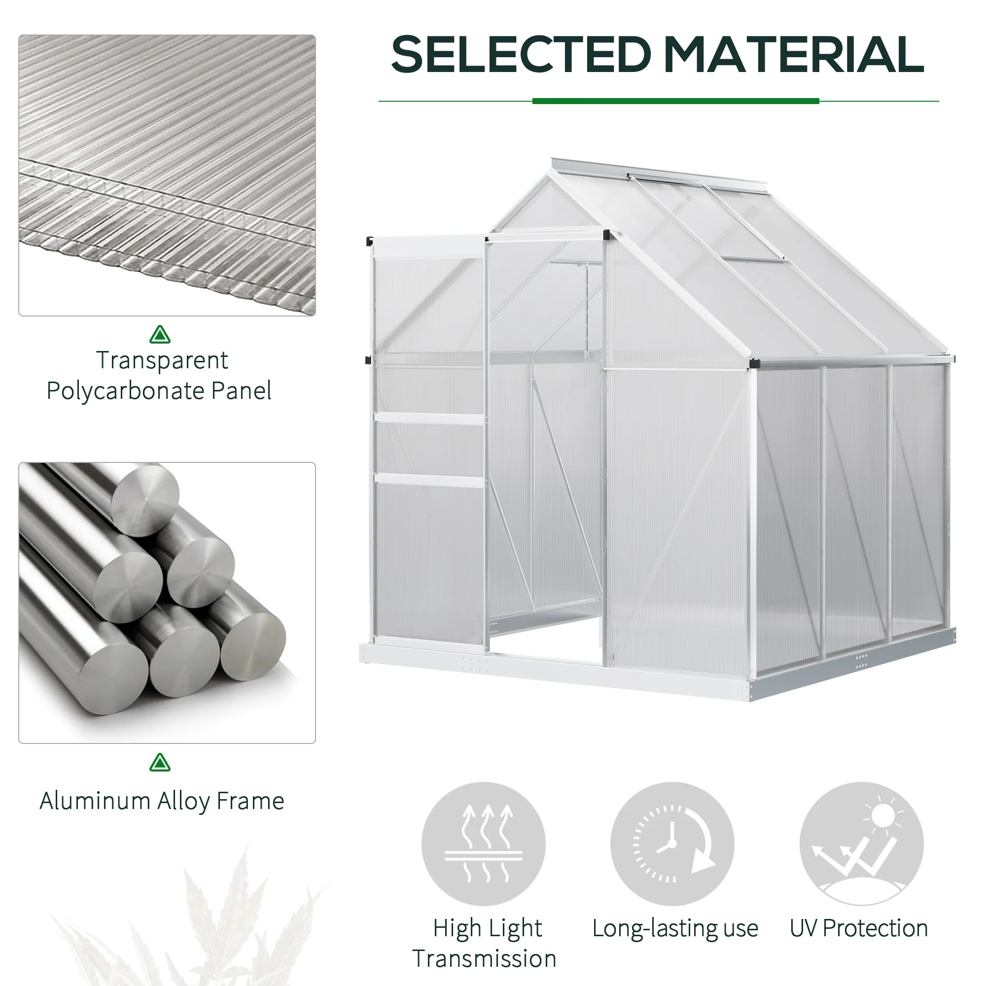 Polycarbonate Greenhouse with Adjustable Roof Vent & Sliding Door, 190x190x200 cm, Silver Tone - Image 6