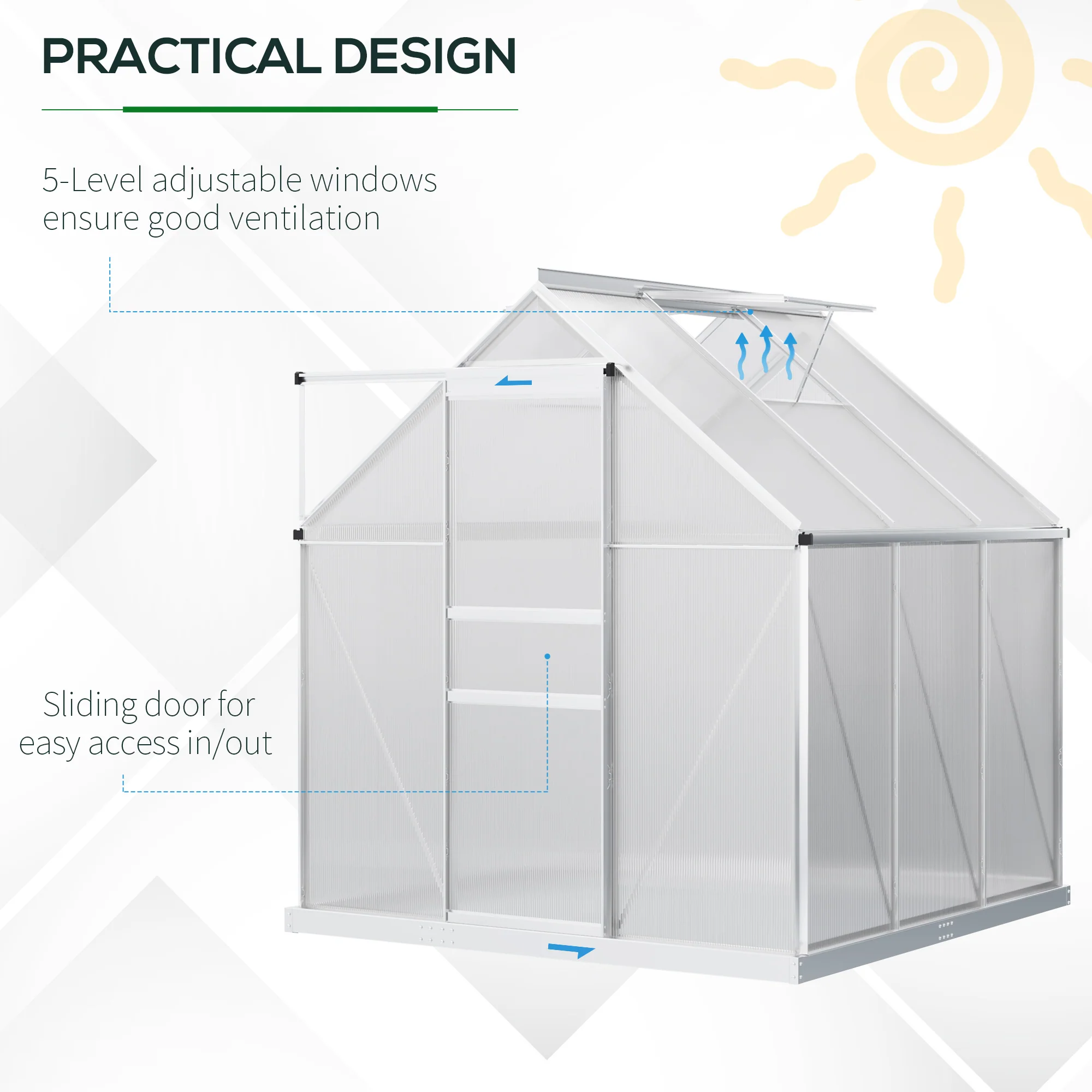 Polycarbonate Greenhouse with Adjustable Roof Vent & Sliding Door, 190x190x200 cm, Silver Tone - Image 7