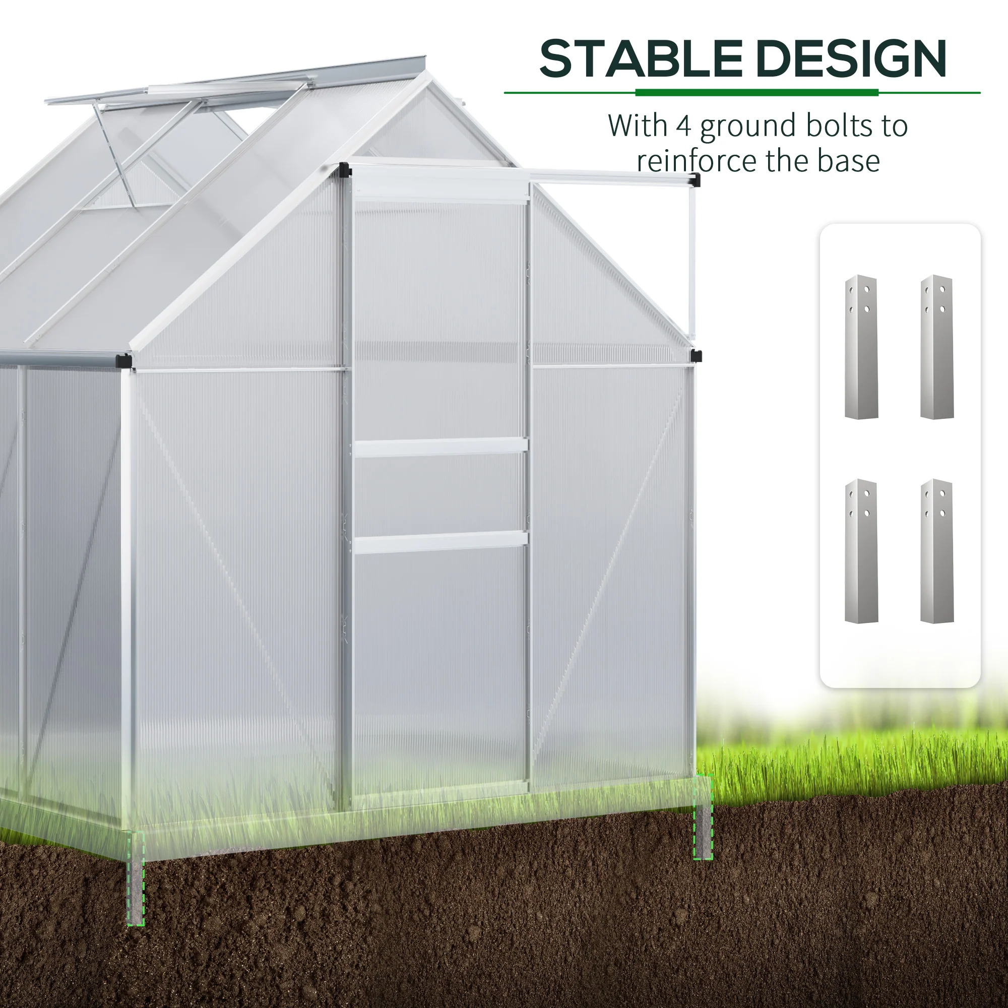 Polycarbonate Greenhouse with Adjustable Roof Vent & Sliding Door, 190x190x200 cm, Silver Tone - Image 8
