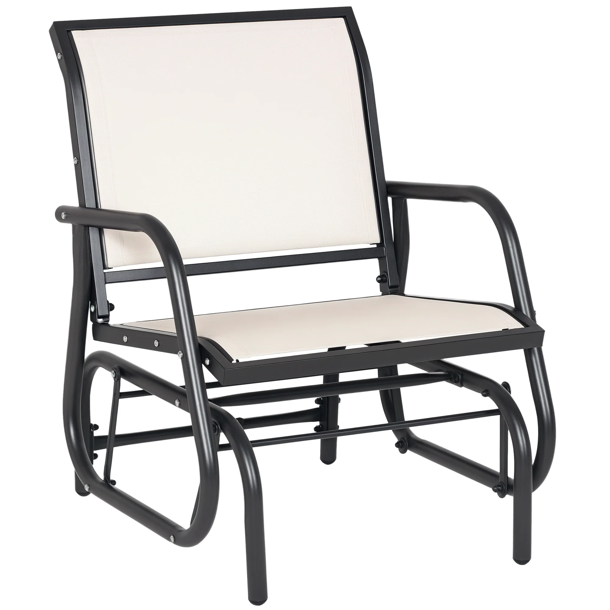 Porch Glider Chair with Mesh Fabric, Curved Armrests and Steel Frame, Cream White
