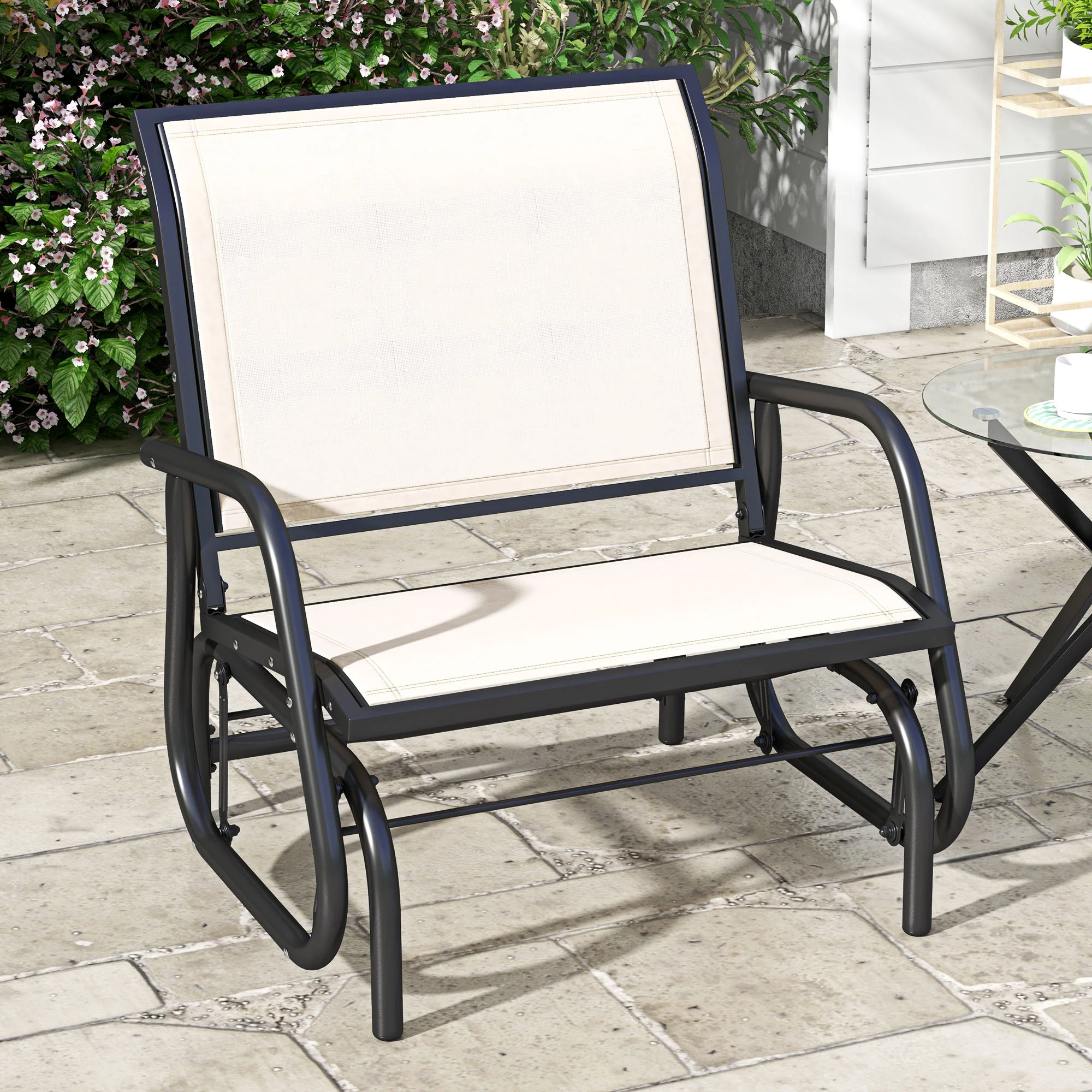 Porch Glider Chair with Mesh Fabric, Curved Armrests and Steel Frame, Cream White - Image 3