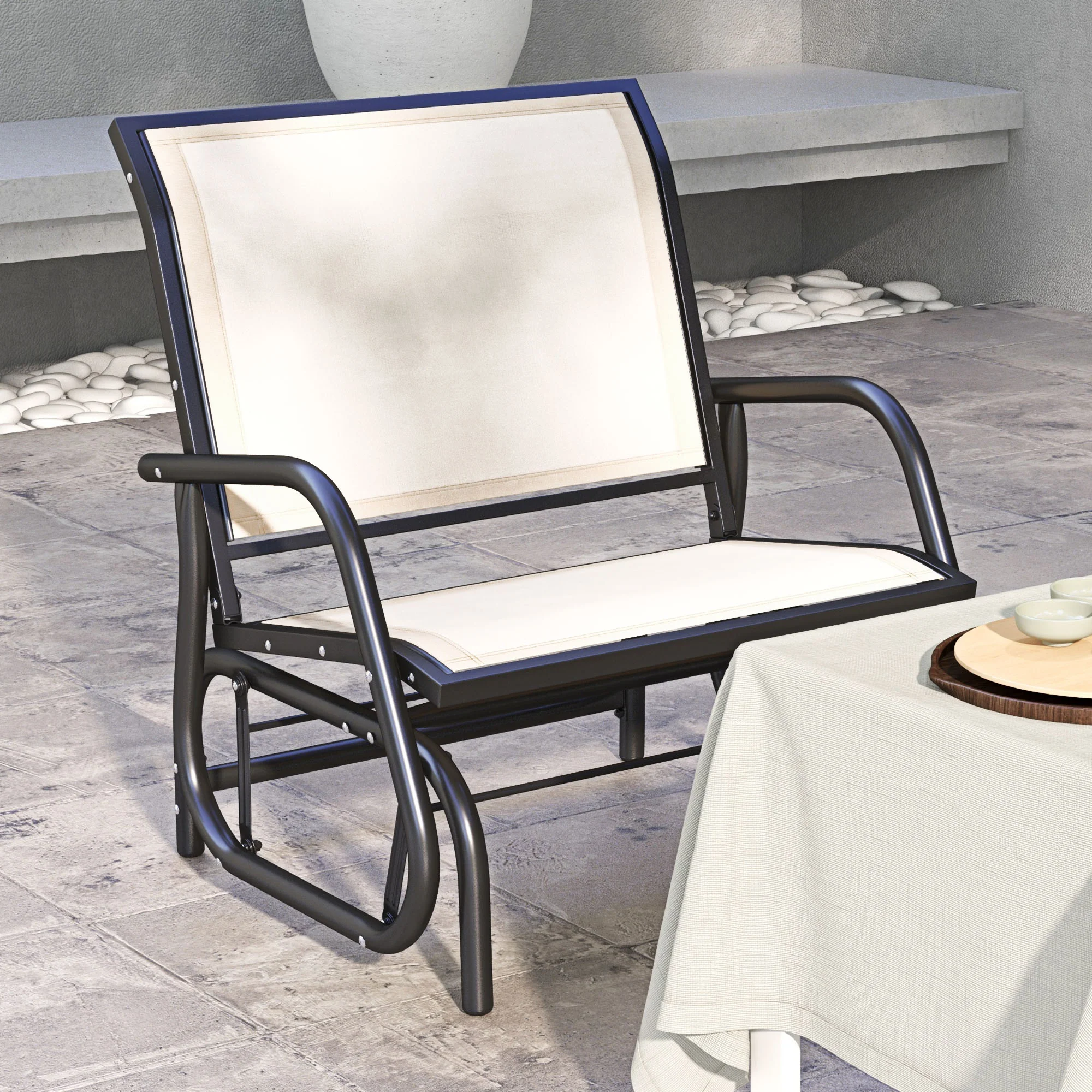 Porch Glider Chair with Mesh Fabric, Curved Armrests and Steel Frame, Cream White - Image 4