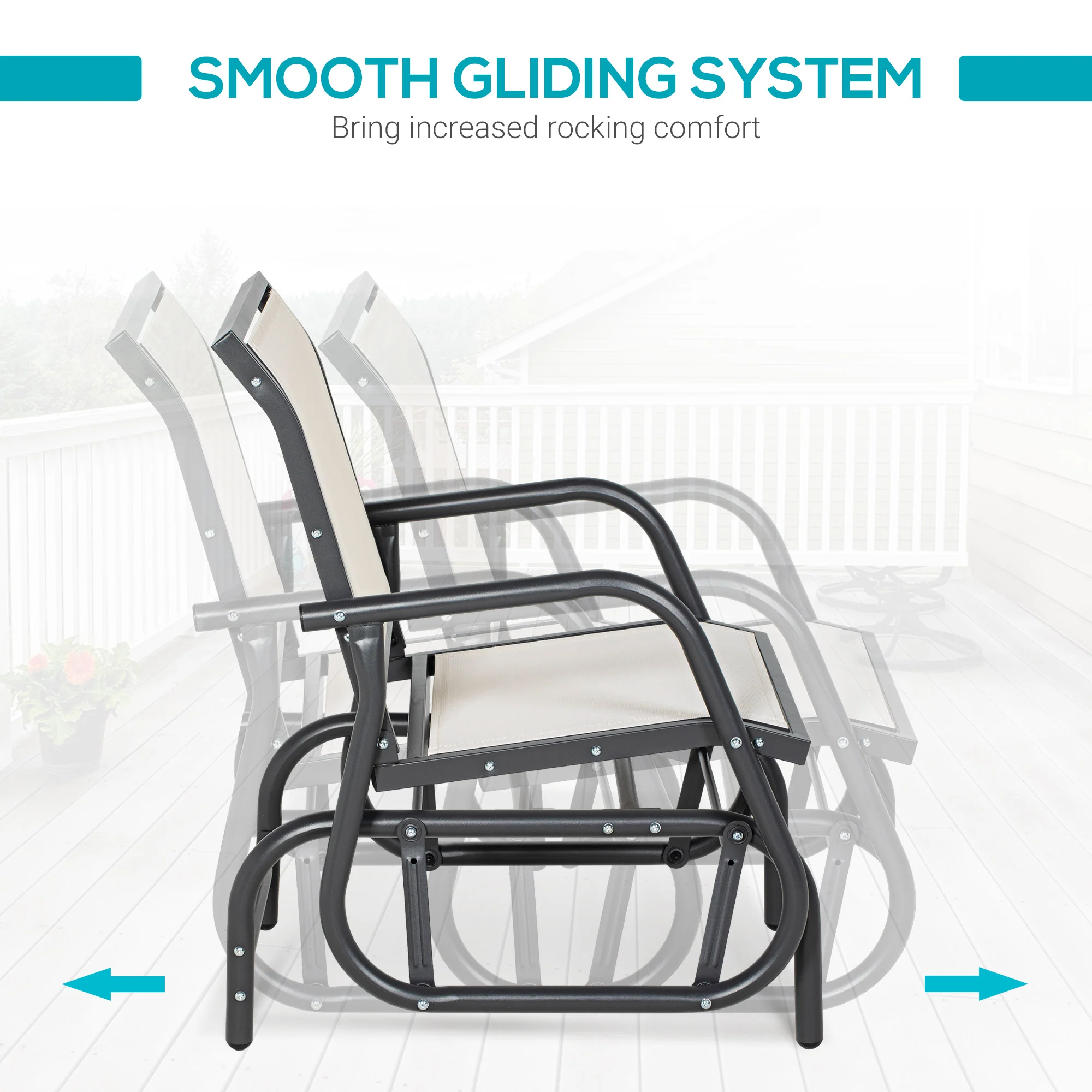 Porch Glider Chair with Mesh Fabric, Curved Armrests and Steel Frame, Cream White - Image 6
