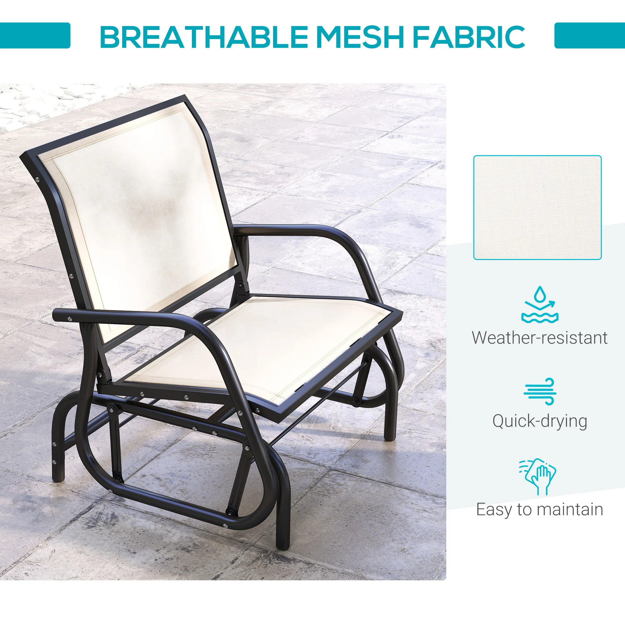 Porch Glider Chair with Mesh Fabric, Curved Armrests and Steel Frame, Cream White - Image 7