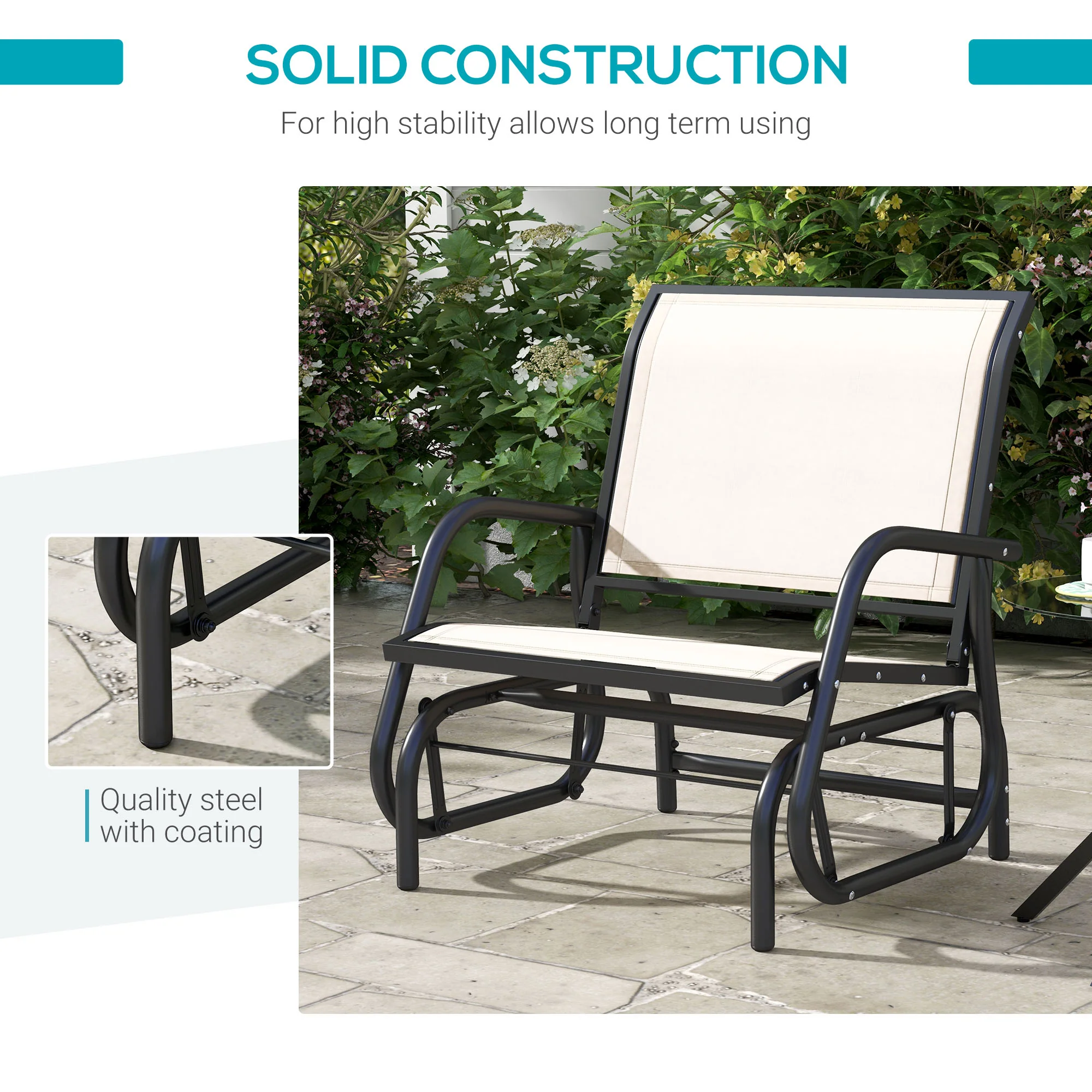 Porch Glider Chair with Mesh Fabric, Curved Armrests and Steel Frame, Cream White - Image 8