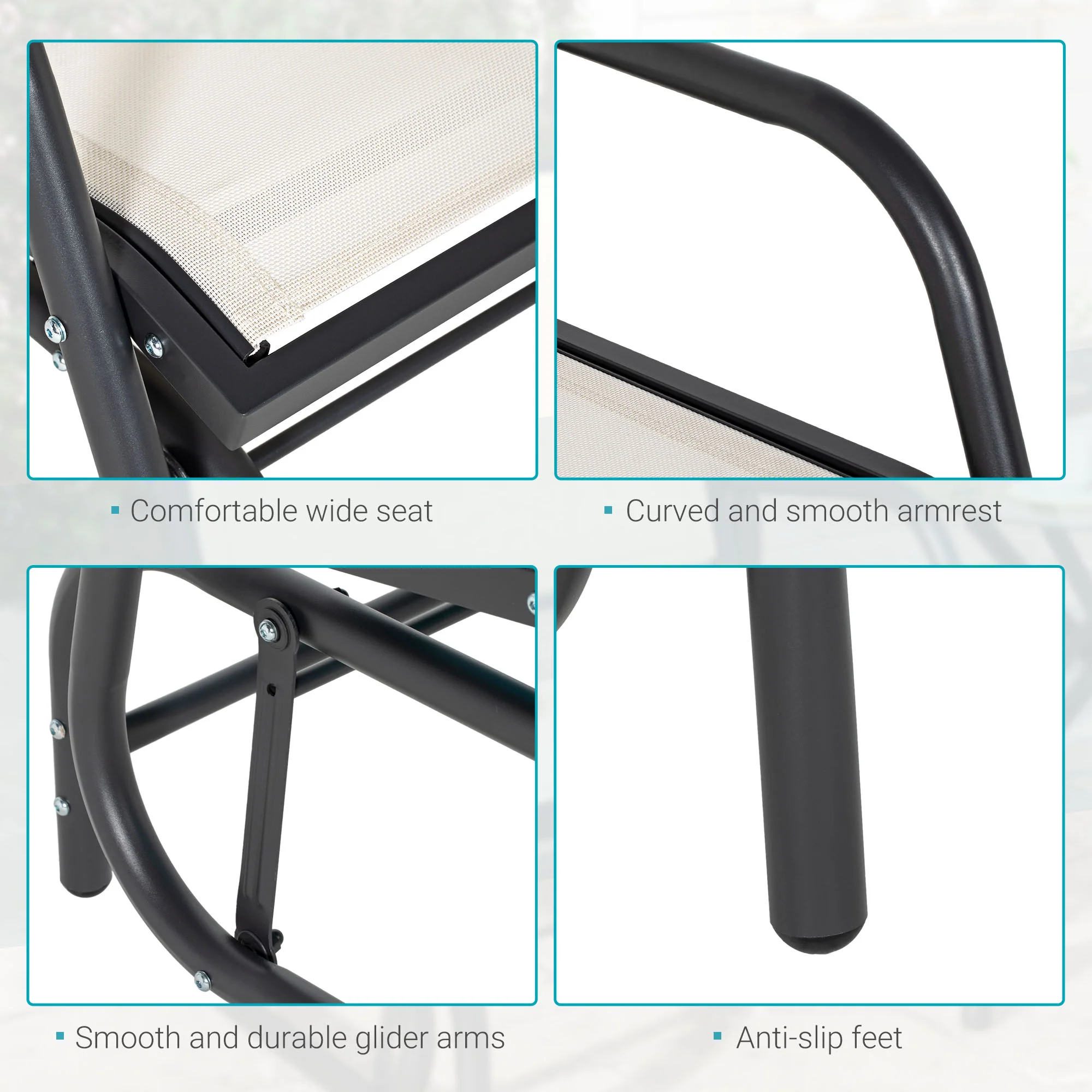 Porch Glider Chair with Mesh Fabric, Curved Armrests and Steel Frame, Cream White - Image 9