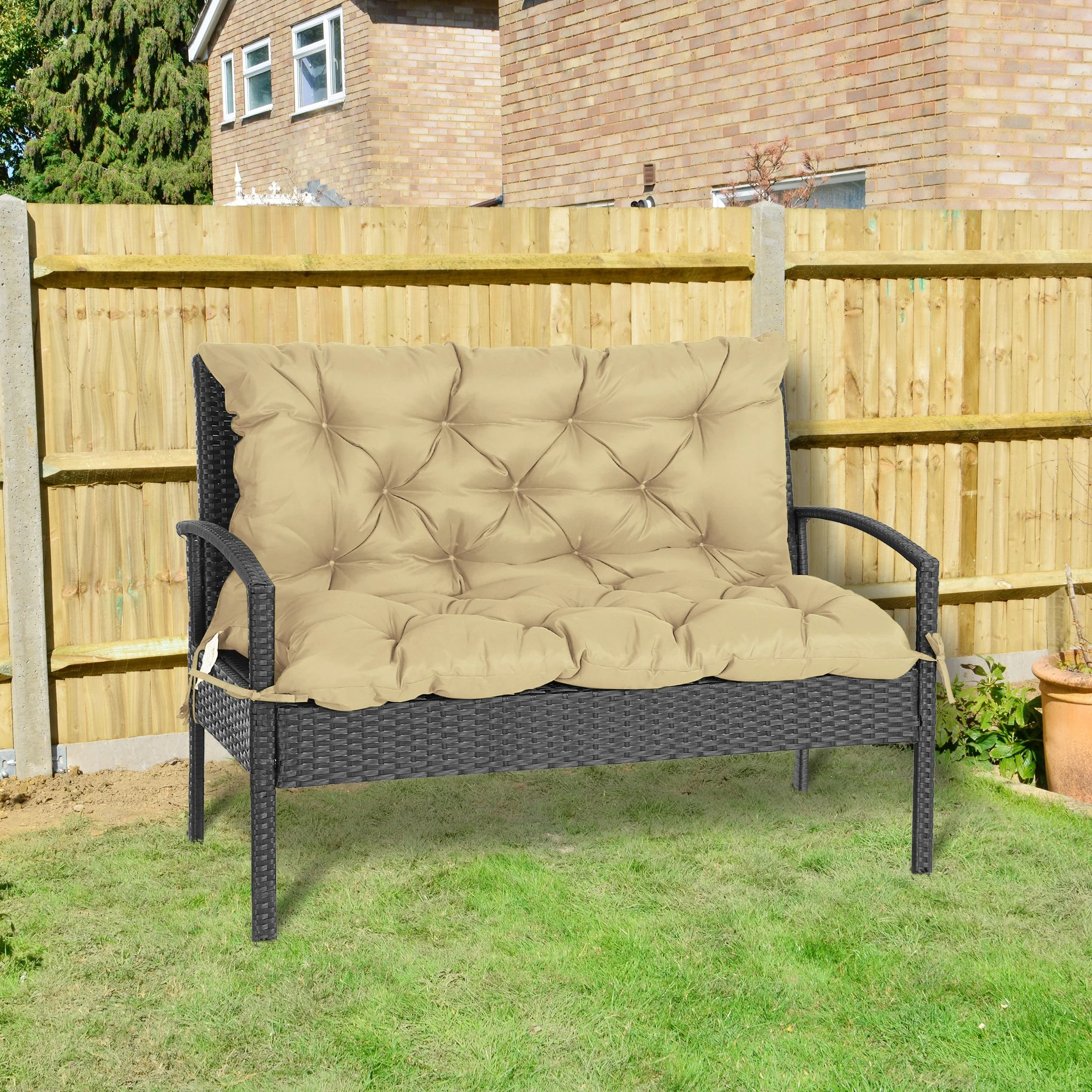 2-Seater Garden Bench Chair Cushion Mat Replacement with Backrest, 39.4" x 38.6",  Khaki - Image 4