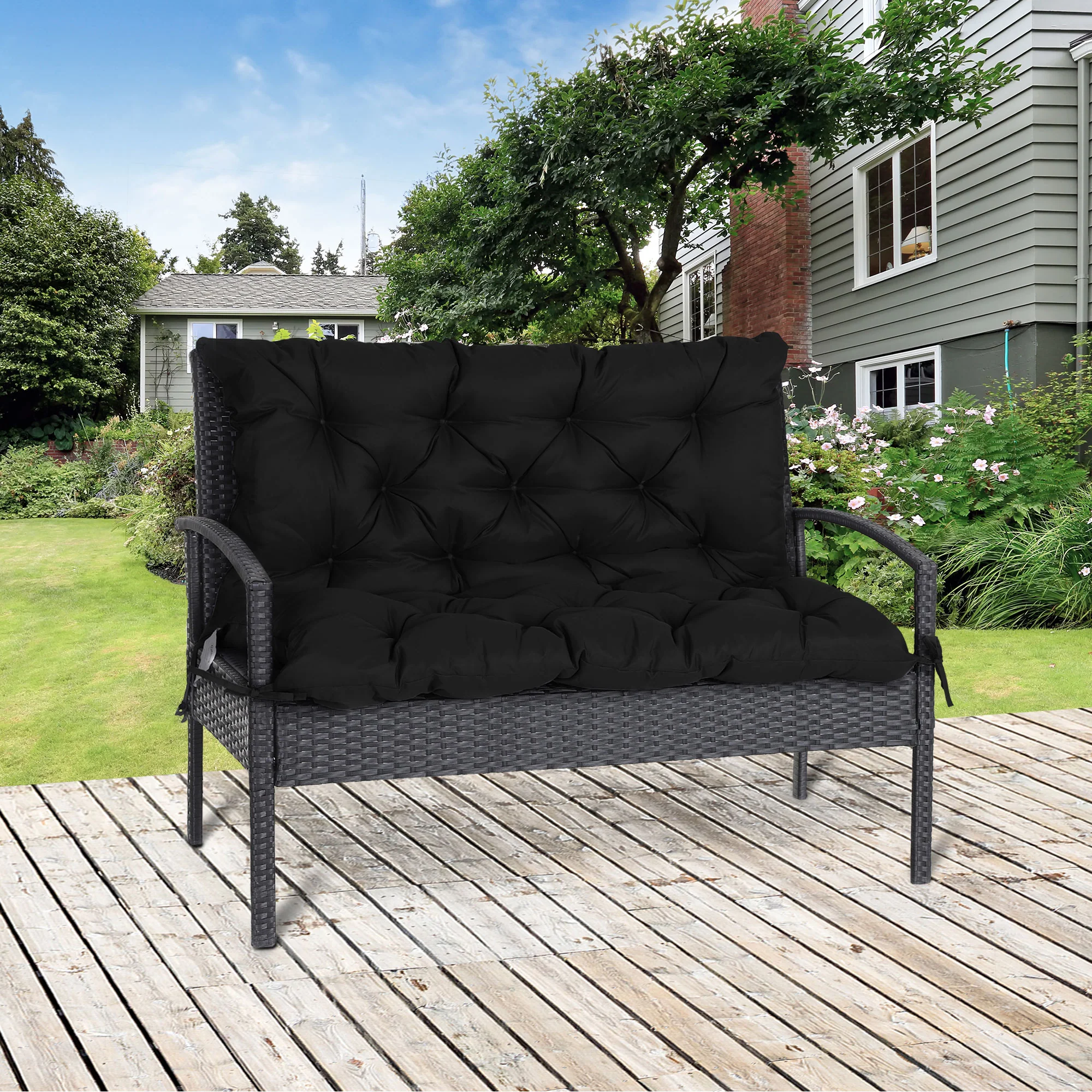 2-Seater Garden Bench Chair Cushion Mat Replacement with Backrest, 39.4" x 38.6", Black - Image 3