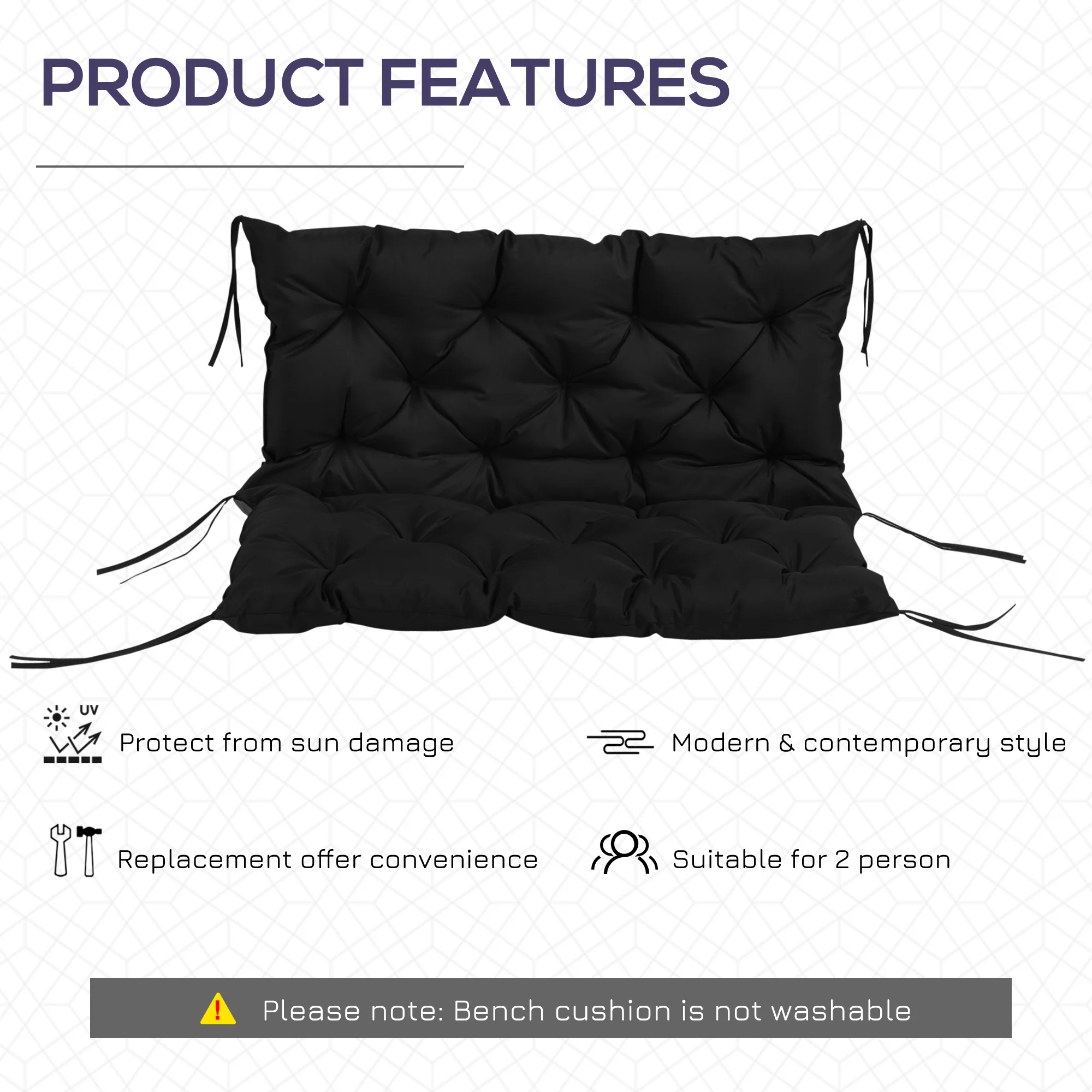 2-Seater Garden Bench Chair Cushion Mat Replacement with Backrest, 39.4" x 38.6", Black - Image 7