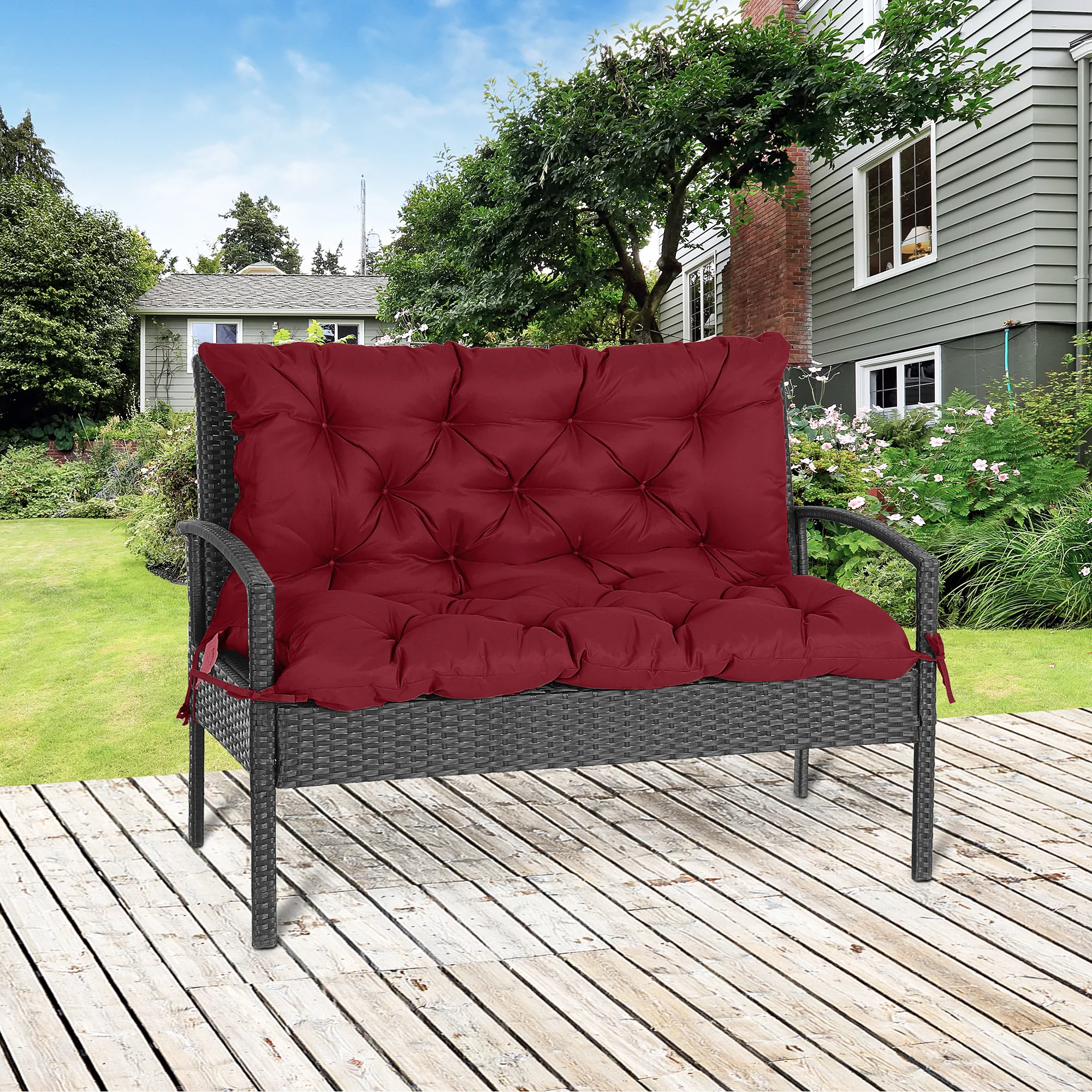 2-Seater Garden Bench Chair Cushion Mat Replacement with Backrest, 39.4" x 38.6", Wine Red - Image 3
