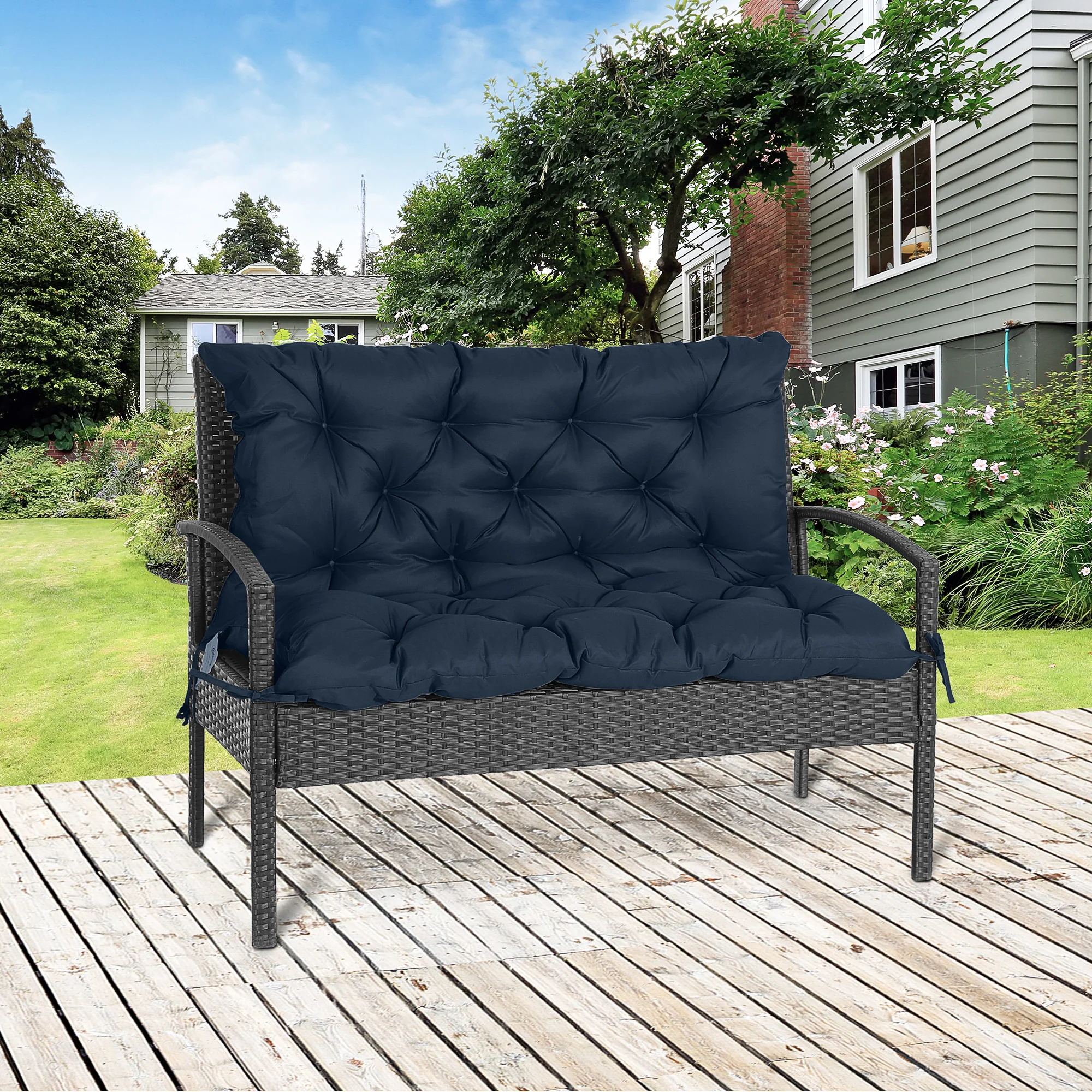 2-Seater Garden Bench Chair Cushion Mat Replacement with Backrest, 39.4" x 38.6", Dark Blue - Image 3