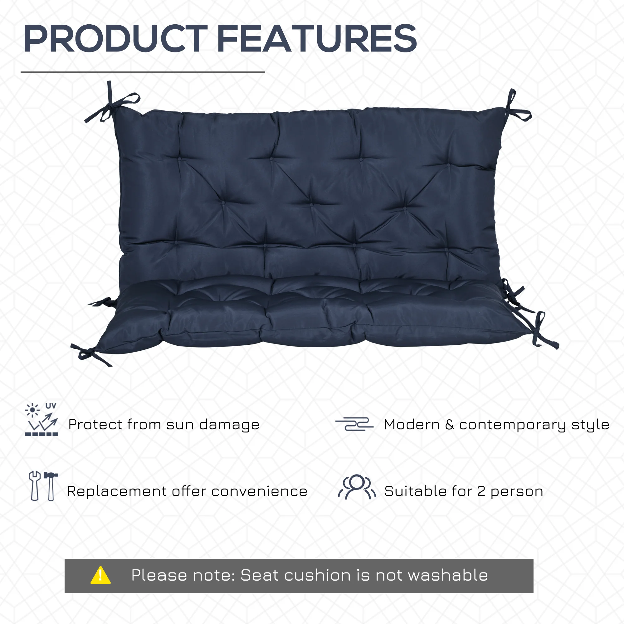 2-Seater Garden Bench Chair Cushion Mat Replacement with Backrest, 39.4" x 38.6", Dark Blue - Image 7