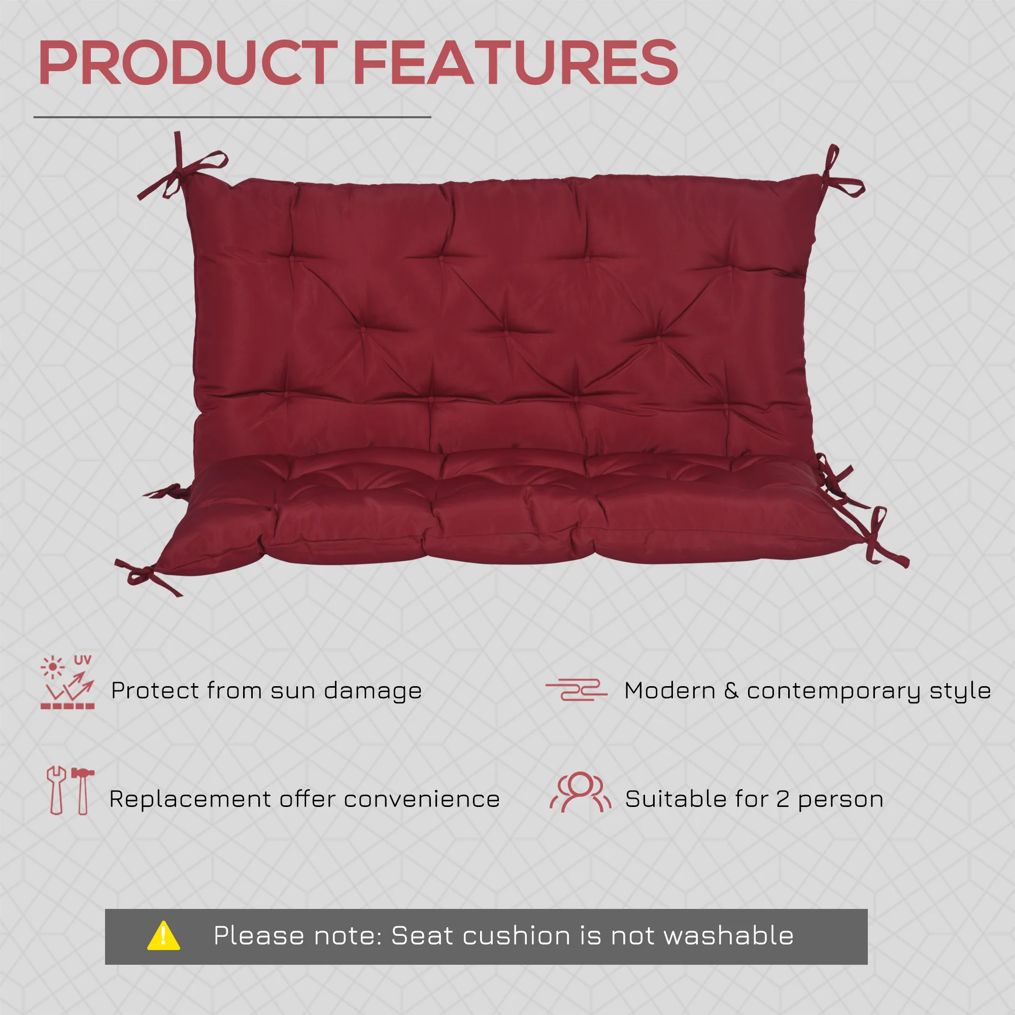 2-Seater Garden Bench Chair Cushion Mat Replacement with Backrest, 39.4" x 38.6", Wine Red - Image 7