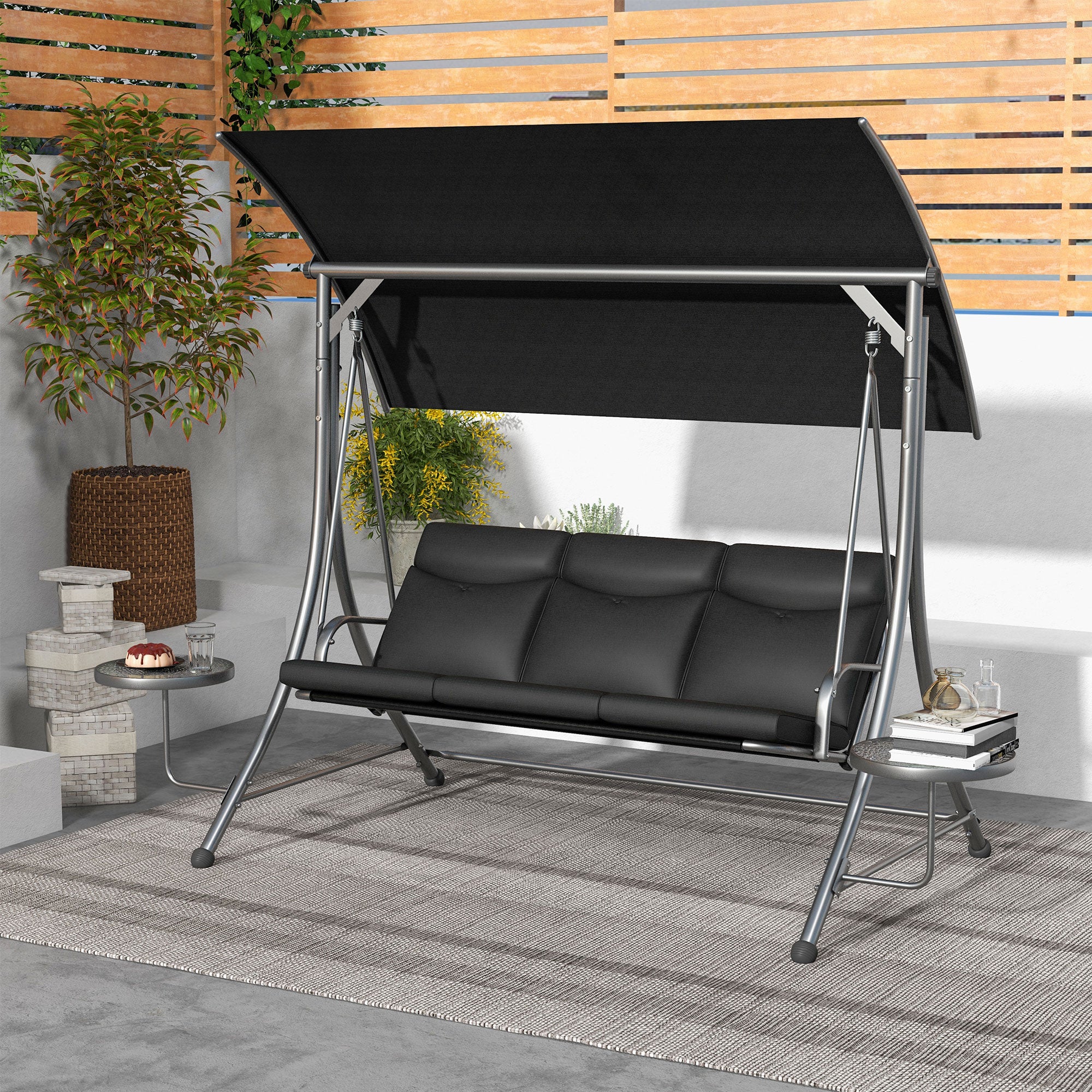 3 Seat Outdoor Swing Chair,  Steel Swing Bench with Adjustable Canopy & Cusions, Black - Image 4
