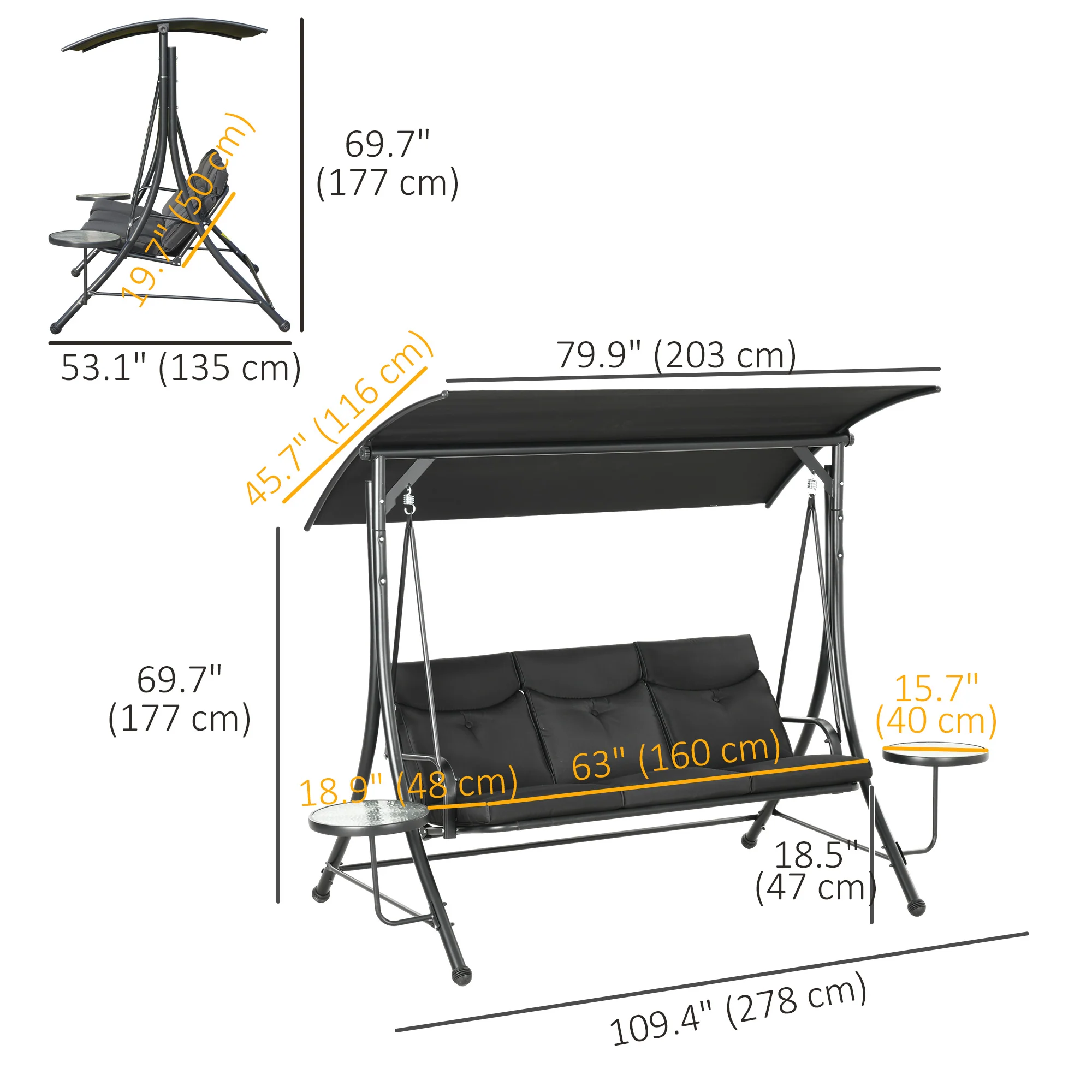 3 Seat Outdoor Swing Chair,  Steel Swing Bench with Adjustable Canopy & Cusions, Black - Image 5