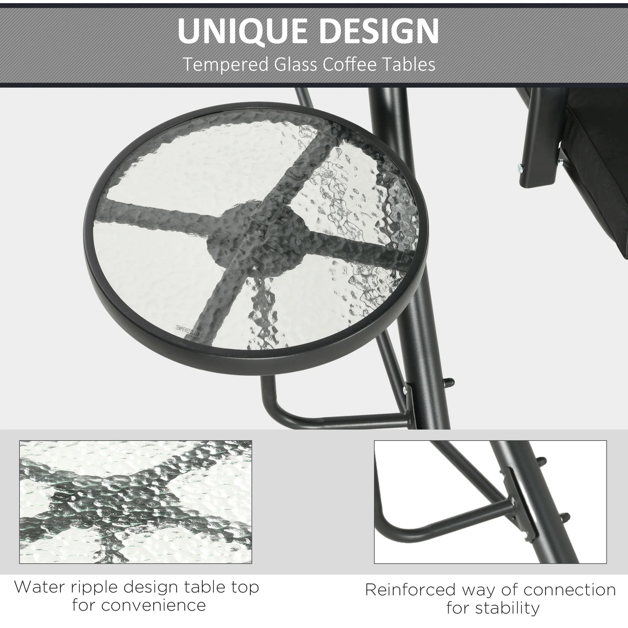 3 Seat Outdoor Swing Chair,  Steel Swing Bench with Adjustable Canopy & Cusions, Black - Image 7