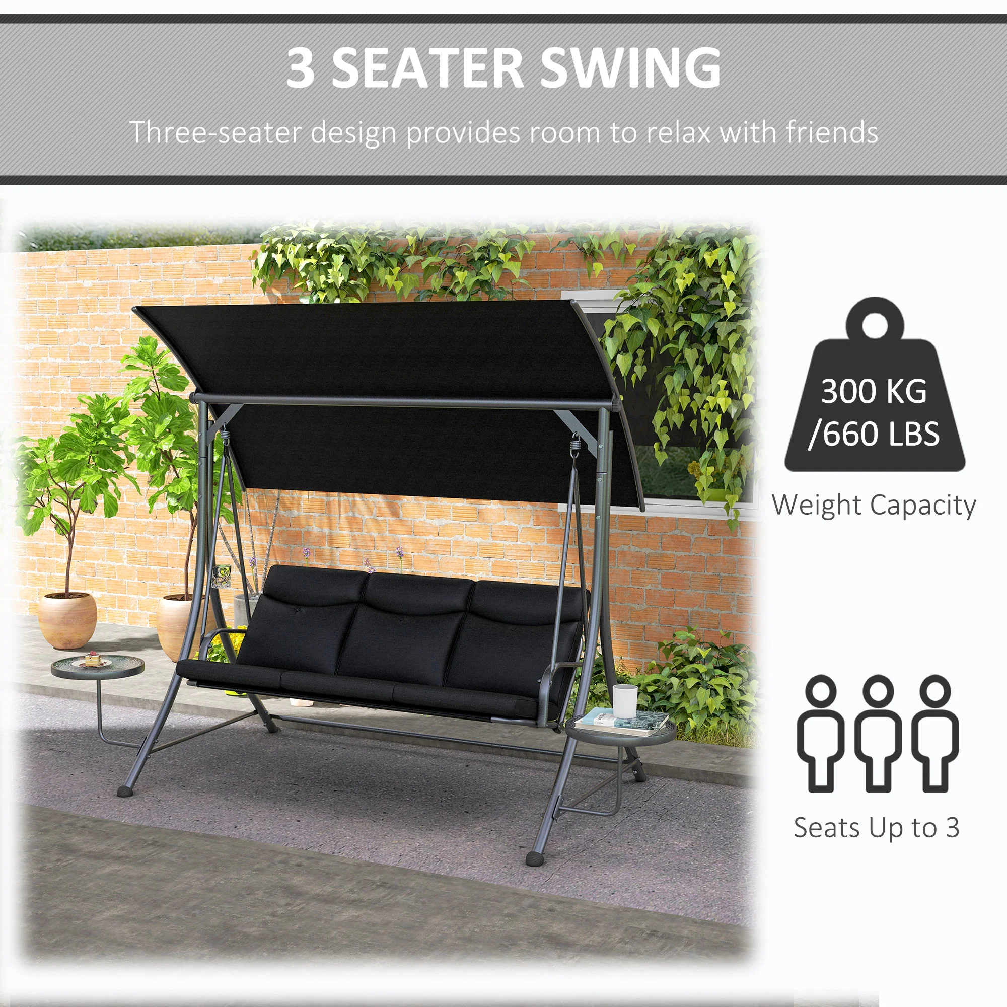 3 Seat Outdoor Swing Chair,  Steel Swing Bench with Adjustable Canopy & Cusions, Black - Image 9