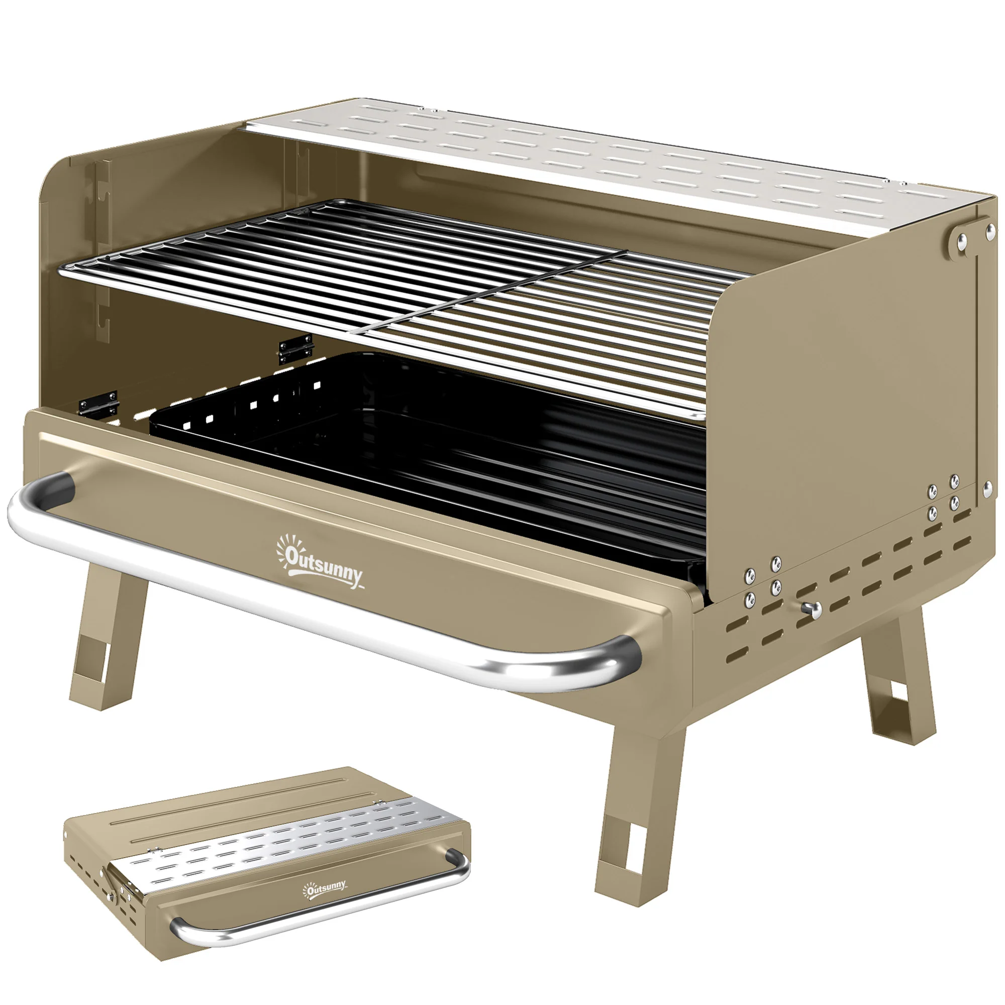 Portable Charcoal BBQ Grill with Adjustable Grates and Side Shelf, Khaki - Image 2