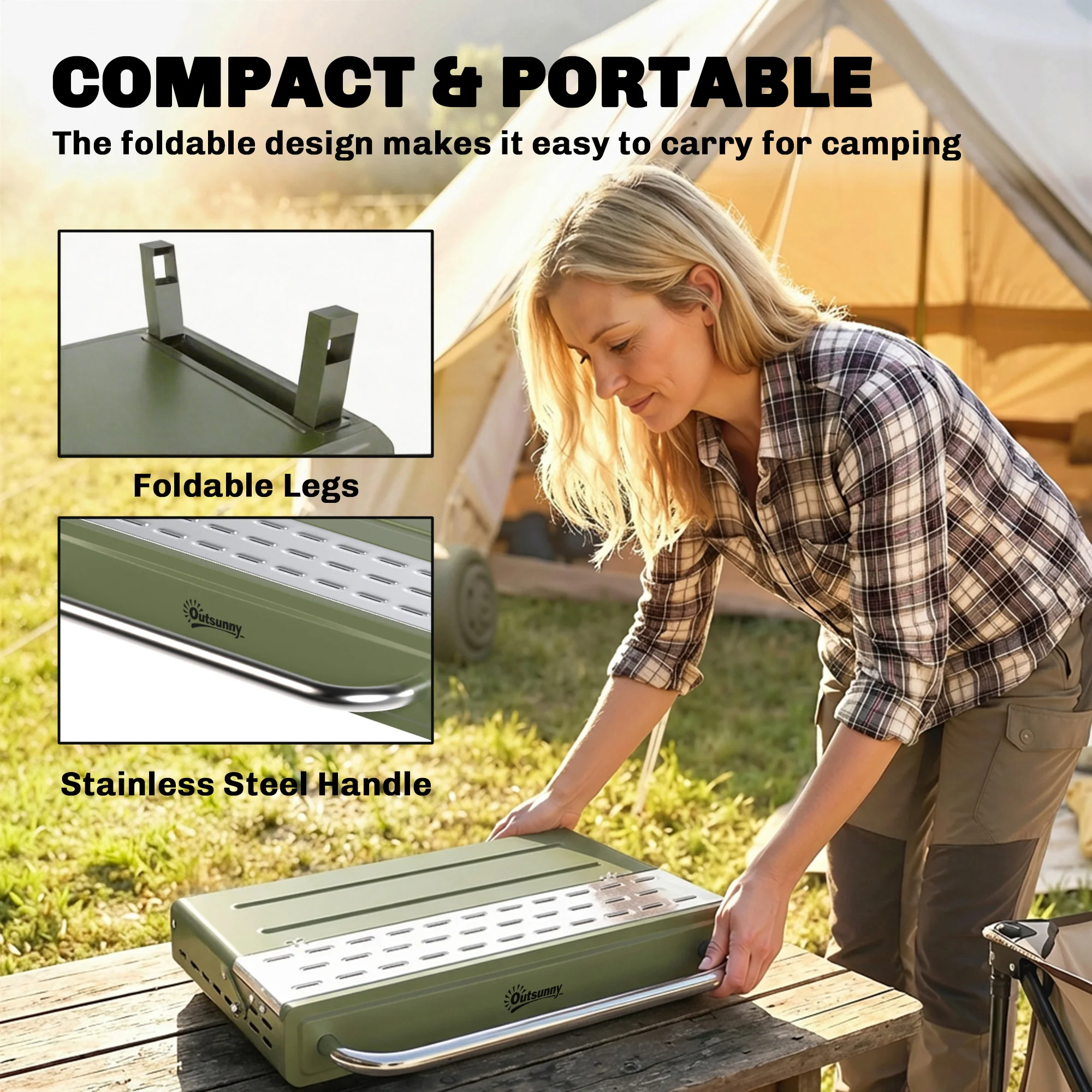 Portable Charcoal BBQ Grill with Adjustable Grates and Side Shelf, Green - Image 11