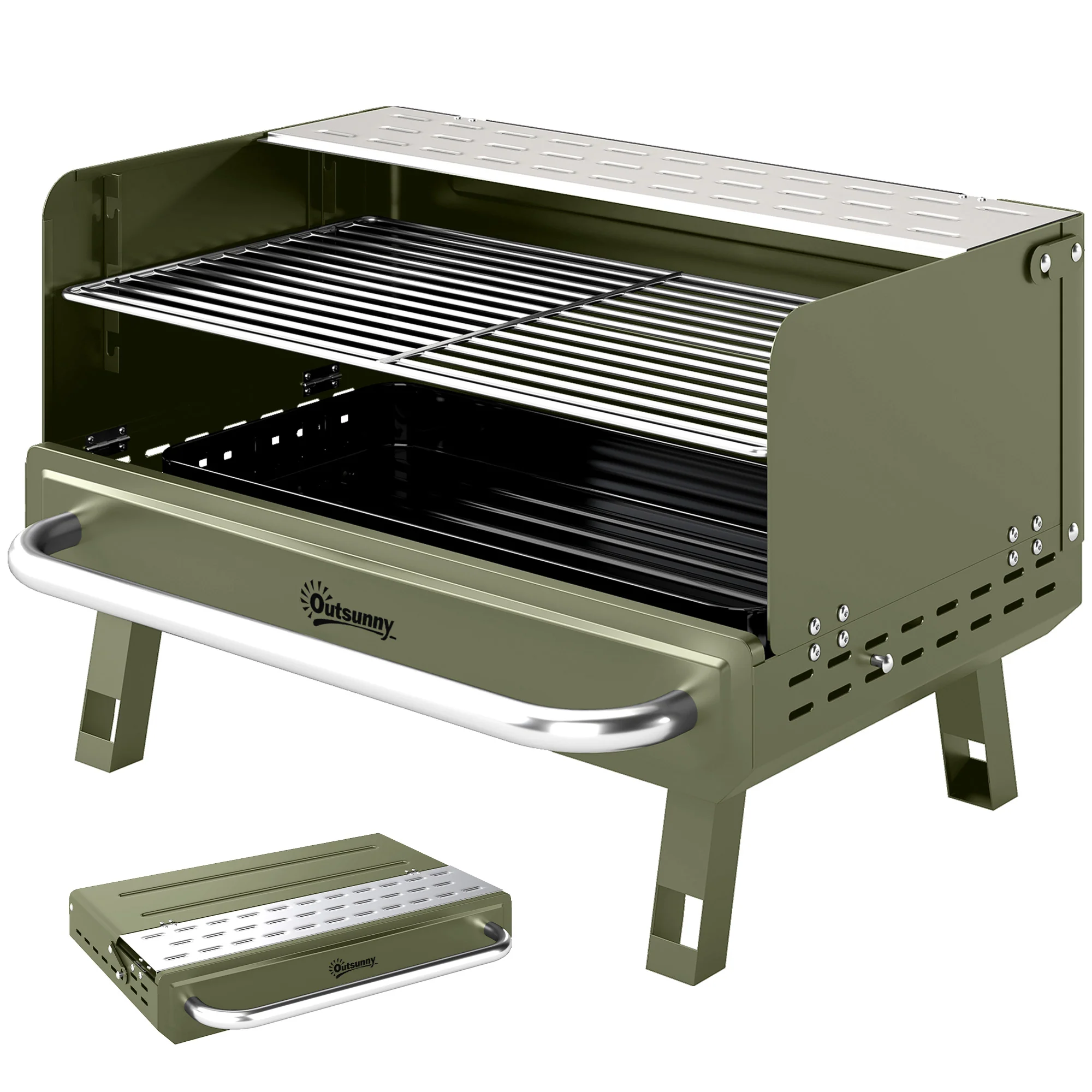 Portable Charcoal BBQ Grill with Adjustable Grates and Side Shelf, Green - Image 2