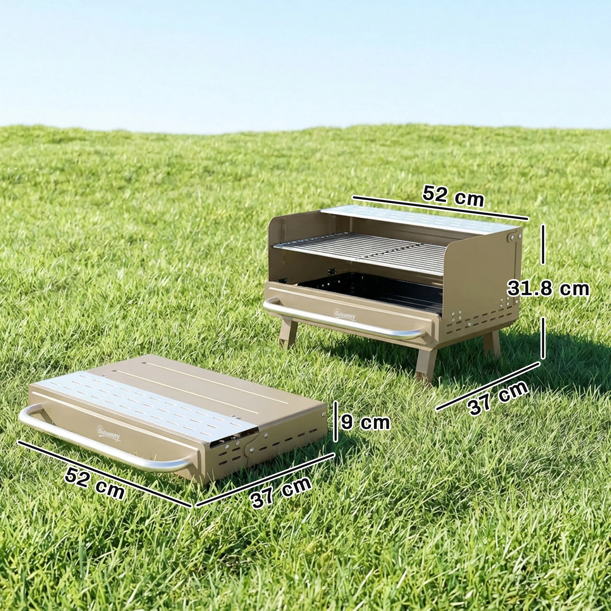 Portable Charcoal BBQ Grill with Adjustable Grates and Side Shelf, Khaki - Image 5