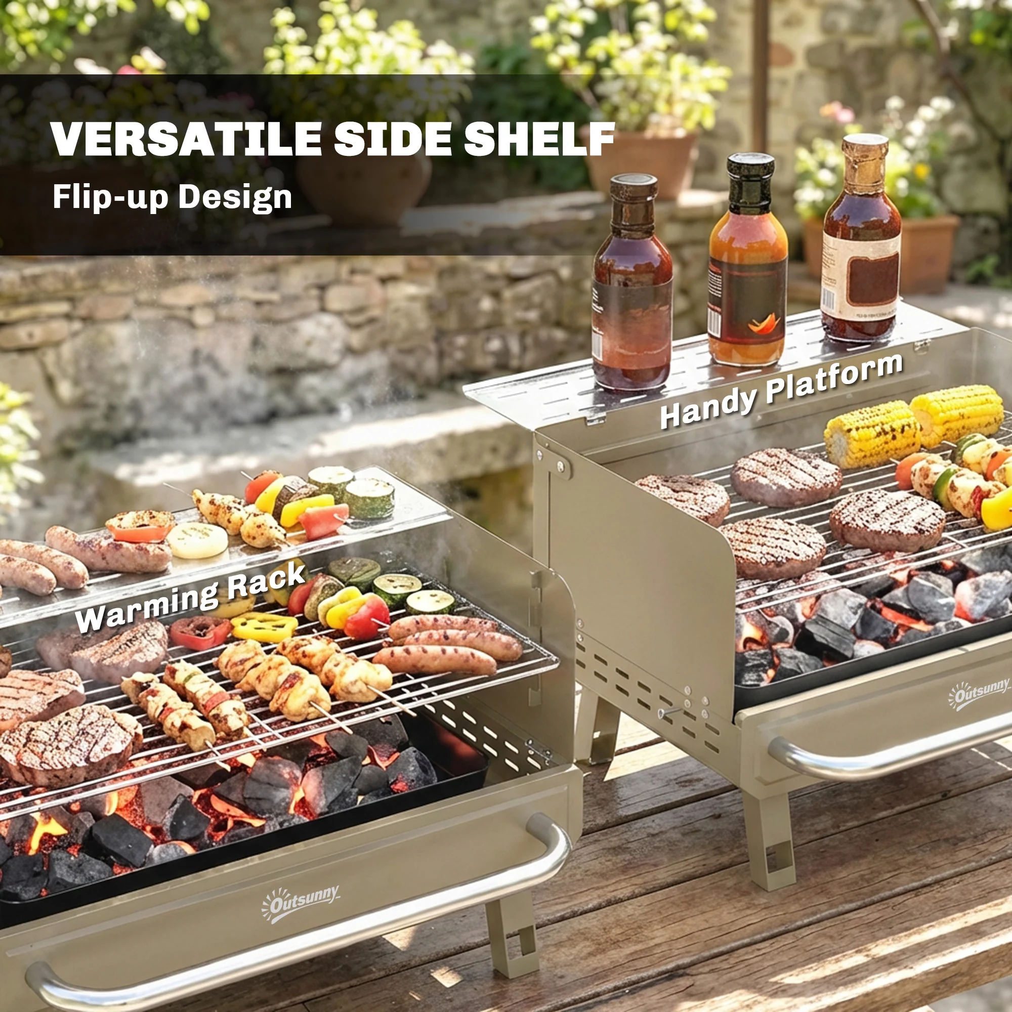 Portable Charcoal BBQ Grill with Adjustable Grates and Side Shelf, Khaki - Image 9