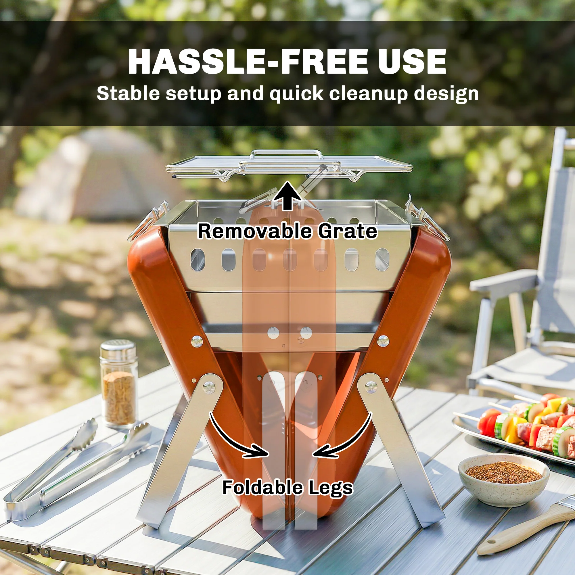 Folding Portable Charcoal BBQ Grill with Handle and Foldable Legs, Orange - Image 10