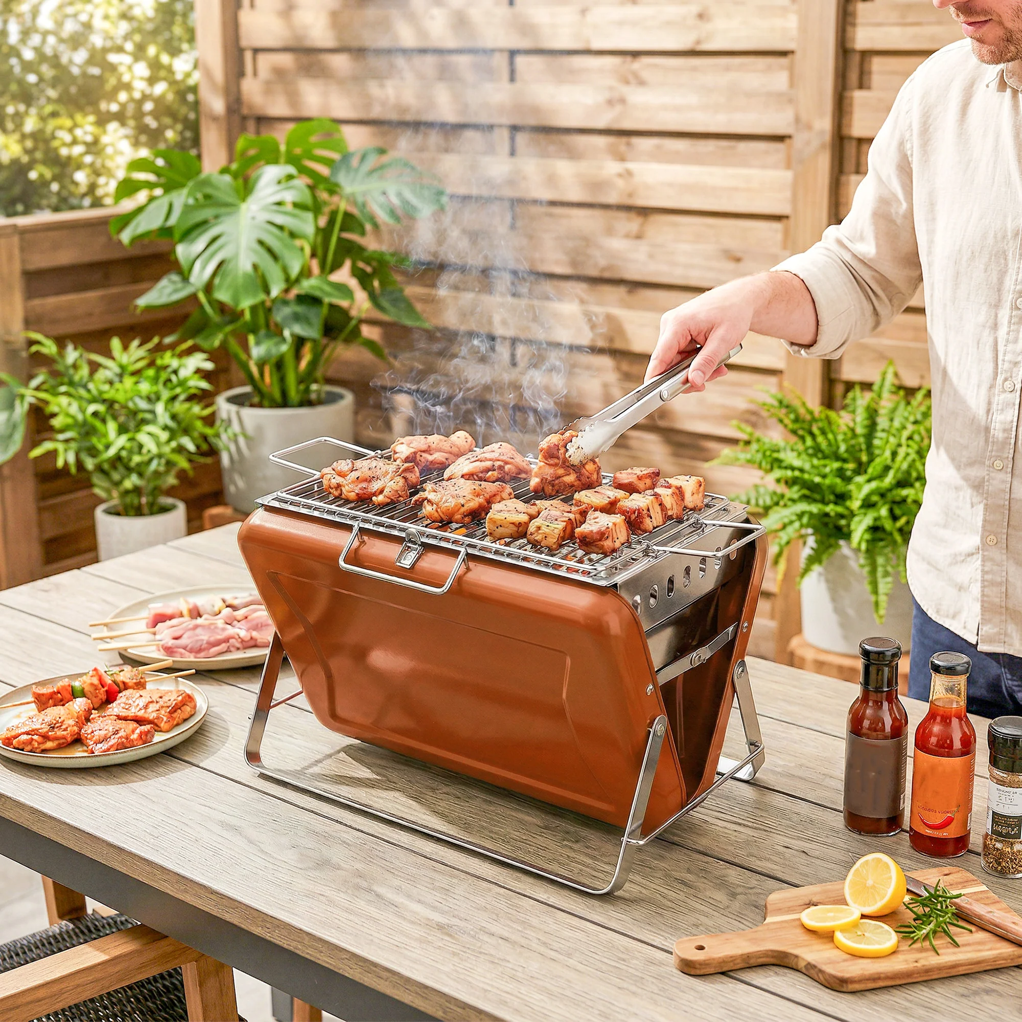 Folding Portable Charcoal BBQ Grill with Handle and Foldable Legs, Orange - Image 11