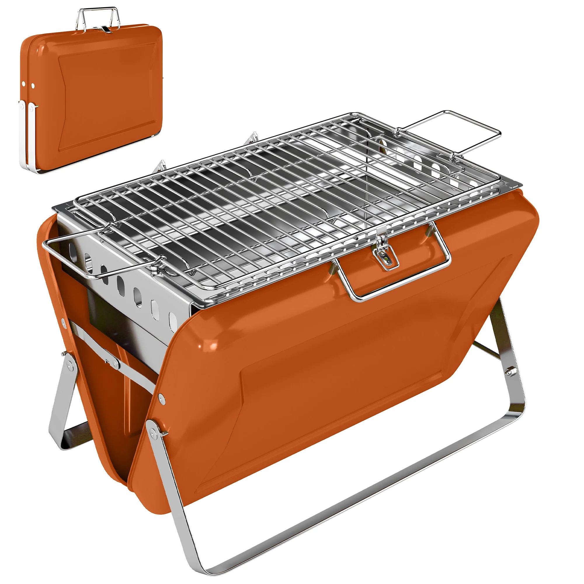 Folding Portable Charcoal BBQ Grill with Handle and Foldable Legs, Orange - Image 12