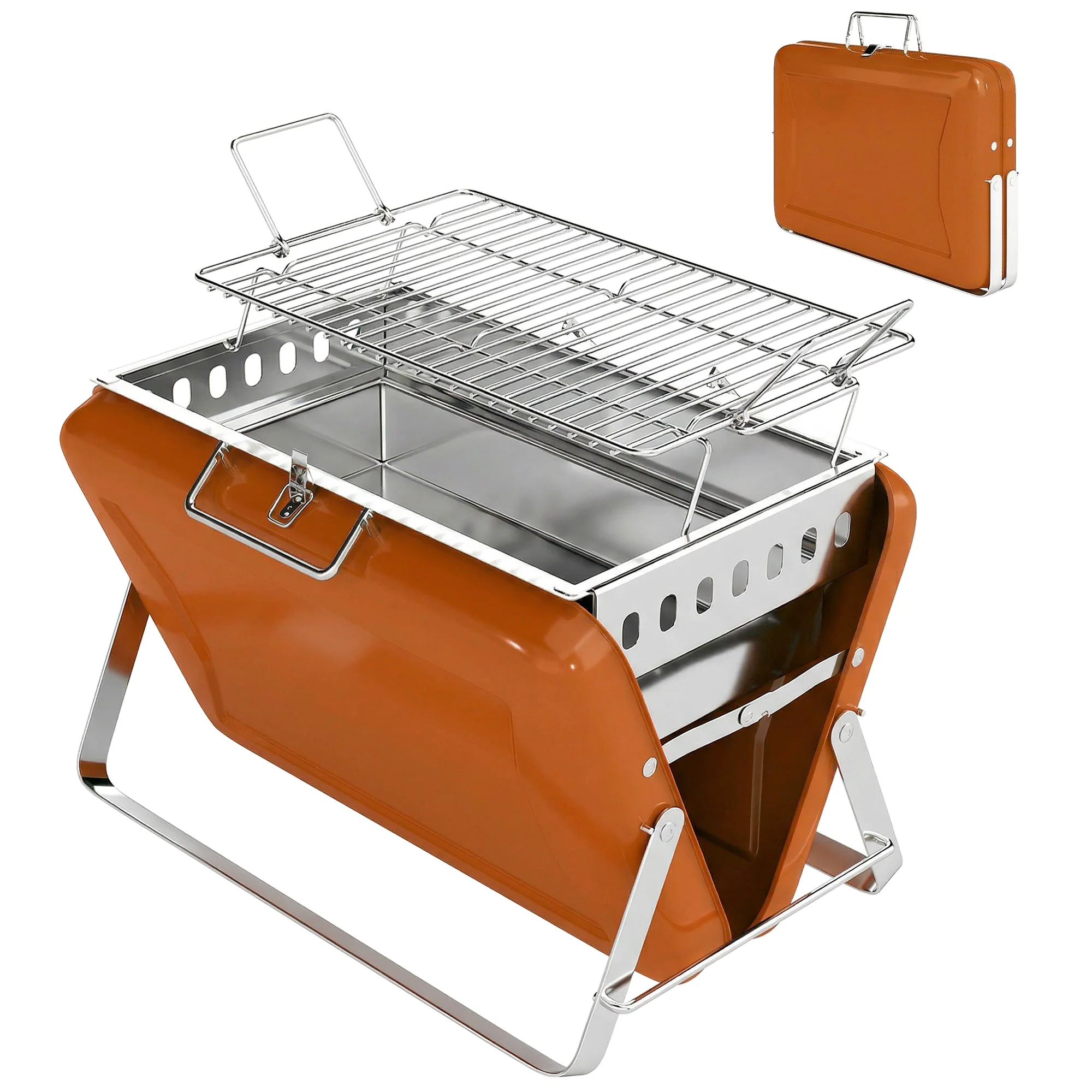 Folding Portable Charcoal BBQ Grill with Handle and Foldable Legs, Orange - Image 2